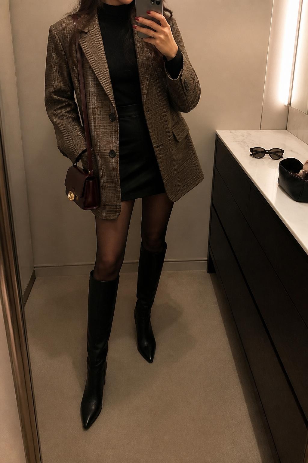mirror selfie of a woman wearing the exact outfit described above, clearly showing a brown plaid oversized blazer layered over a fitted black turtleneck, black mini skirt, sheer black tights, black knee-high boots, and a burgundy mini handbag, holding a phone in front of a mirror, cropped at NECK so the face does not show, with a relaxed casual selfie pose, in a minimal dressing room, warm moody lighting, with sunglasses placed on a dresser and a makeup brush or cosmetic bag on the counter, latest iPhone photo quality.