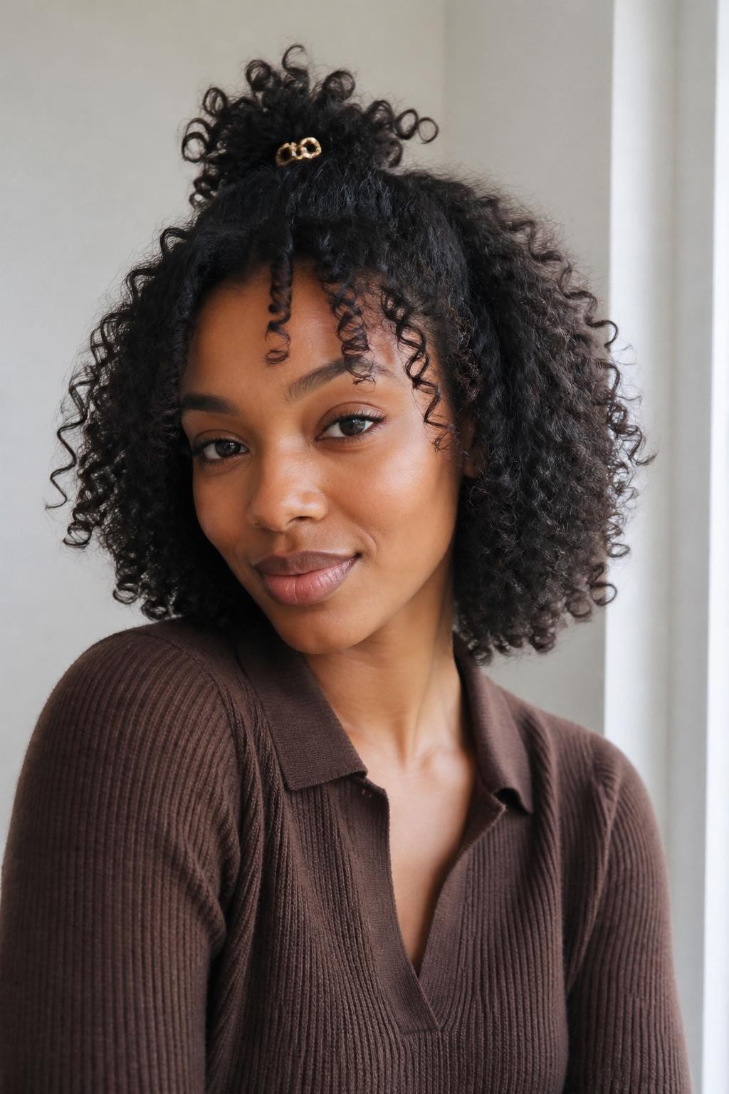 A realistic portrait photo of a black woman with short curly bob hair styled in a half-up claw clip look, top curls gathered with a small gold claw clip, defined curls left full and bouncy around the head, a few curls framing the forehead, warm brown skin, natural makeup, soft brown knit top, window light, clean neutral background, fresh curly hairstyle inspiration, DSLR photo, no text, (no watermarks on images)