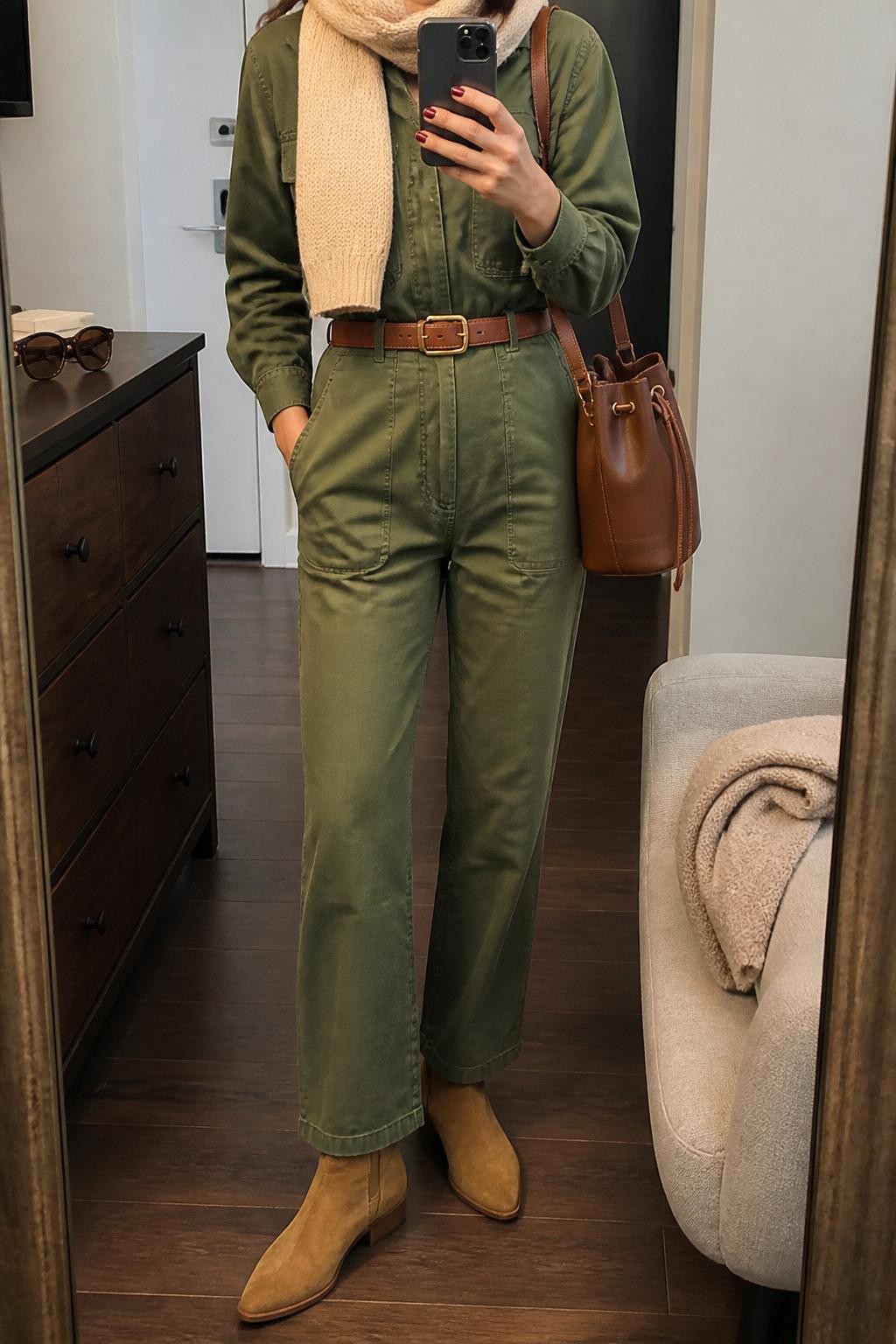 mirror selfie of a woman wearing the exact outfit described above, clearly showing a moss green utility jumpsuit, cognac leather belt, tan suede ankle boots, cream knit scarf, and a brown bucket bag, holding a phone in front of a mirror, cropped at NECK so the face does not show, with a relaxed casual selfie pose, in a stylish city apartment, soft indoor lighting, with sunglasses placed on a dresser and a folded blanket on a chair, latest iPhone photo quality.