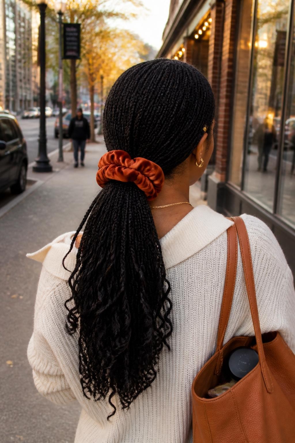 Photo of a Black woman wearing medium-length knotless braids gathered into a low ponytail with softly curled ends and an oversized cinnamon-colored satin scrunchie, back-of-head view against a softly blurred city street, warm golden hour lighting, a small gold hair cuff near one temple and a makeup compact visible inside her open handbag, candid fall outing, latest iPhone photo quality.