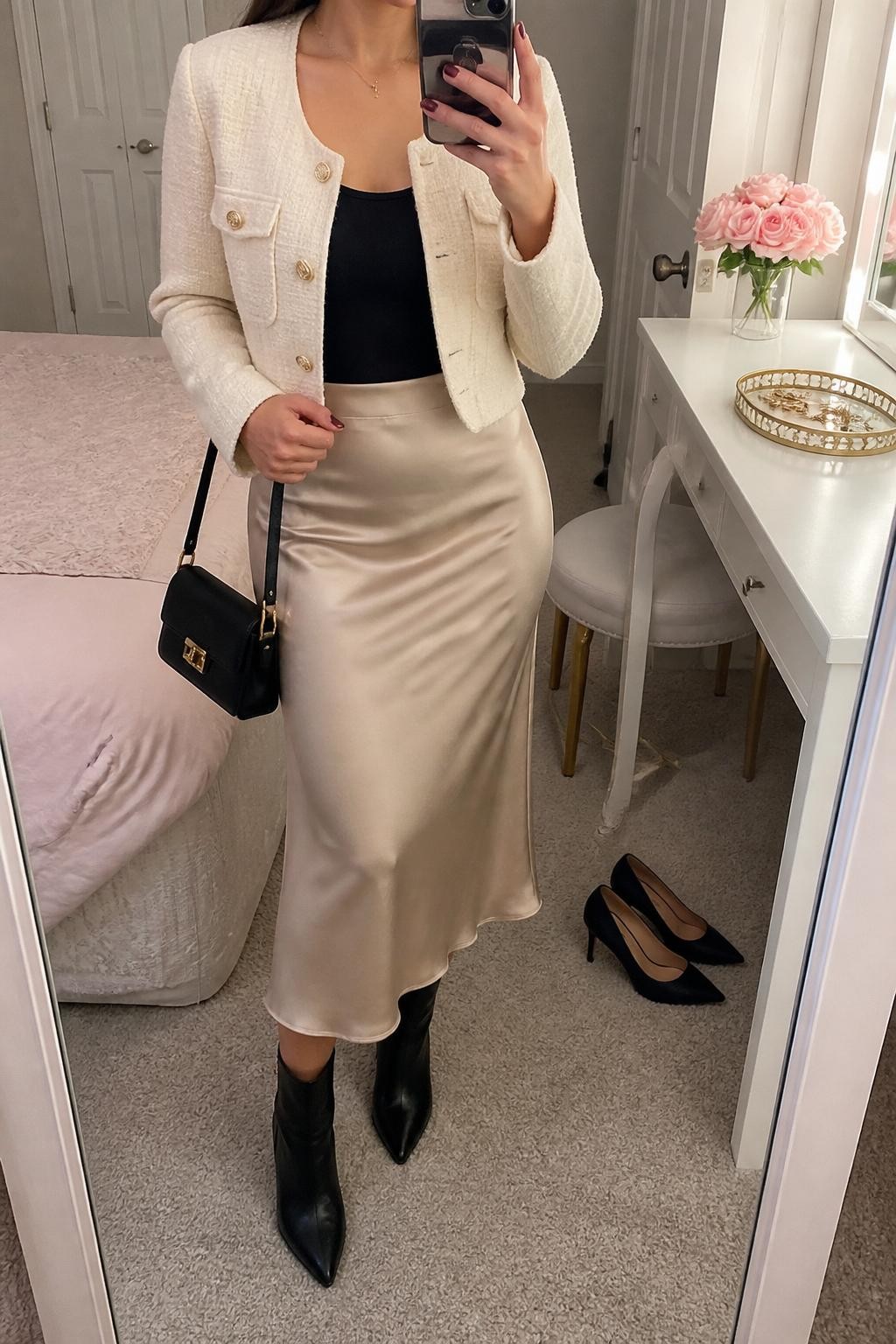 mirror selfie of a woman wearing a cropped cream tweed jacket, fitted black scoop-neck top, champagne satin midi skirt, black pointed ankle boots, and a small black leather handbag, clearly showing the same clothing items, colors, fabrics, and accessories listed in the Outfit Pieces section, holding a phone in front of a mirror, cropped at NECK so the face does not show, with a relaxed casual selfie pose, in a feminine-themed bedroom, soft indoor lighting, including a jewelry tray on the vanity and a pair of heels on the floor nearby, latest iPhone photo quality.