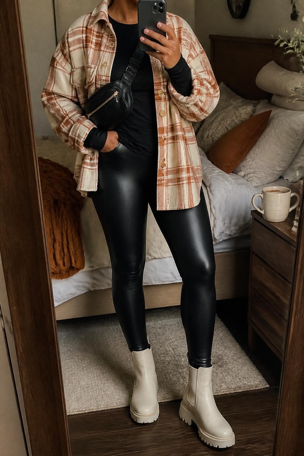 mirror selfie of a Black woman wearing the exact outfit described above, clearly showing an oversized rust and cream plaid shacket, black fitted long-sleeve tee, black faux leather leggings, cream lug-sole boots, and a small black belt bag worn across the chest, holding a phone in front of a mirror, cropped at NECK so the face does not show, with a relaxed casual selfie pose, in a cozy bedroom mirror setup, warm moody lighting, with a coffee mug on a bedside table and soft pillows on an unmade bed, latest iPhone photo quality.