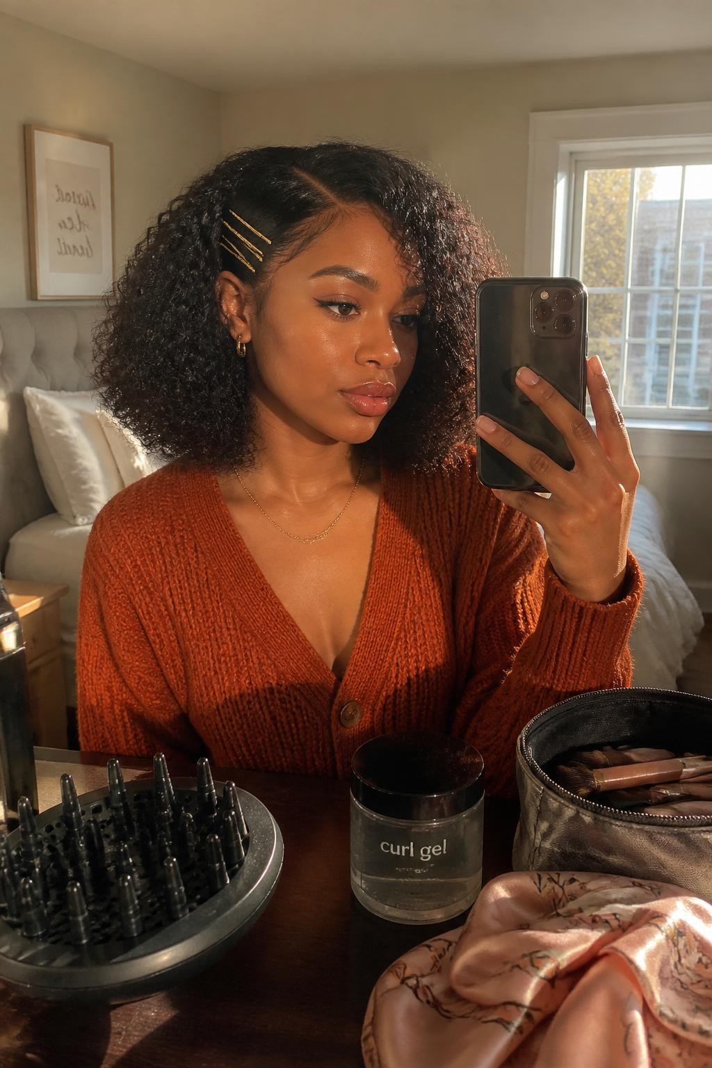 Photo of a Black woman wearing a shoulder-length curly lob with springy defined curls, a deep side part, and three slim brushed-gold pins placed above one ear, candid mirror selfie in a sun-drenched bedroom, warm natural window light, diffuser and curl gel resting on the dresser, burnt-orange cardigan visible and a satin scarf beside an open makeup pouch, realistic shrinkage and soft frizz, latest iPhone photo quality.