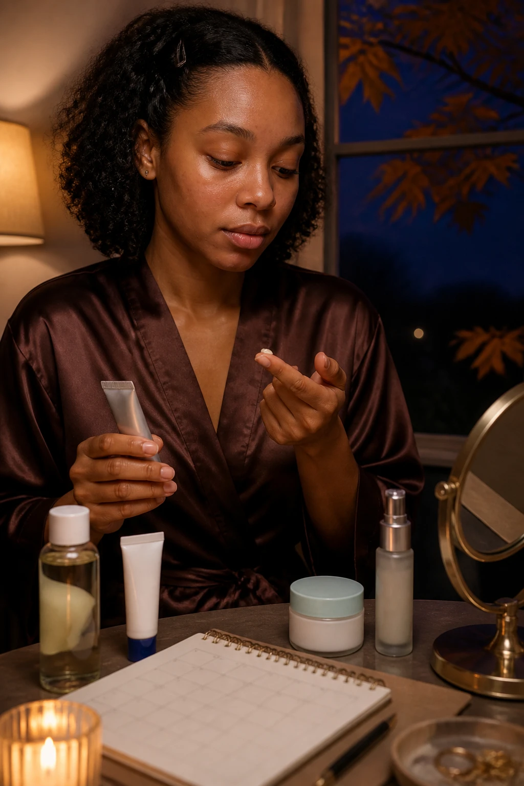 Image Prompt: A cinematic nighttime beauty photograph of a Black woman with warm brown skin planning a gentler fall treatment schedule at a softly lit vanity, natural skin with a few blemishes and faint post-acne marks, shoulder-length curls clipped away from her face, woman wearing a chocolate satin robe while placing a pea-sized amount of retinoid cream on one fingertip, small weekly calendar, salicylic acid bottle, benzoyl peroxide gel, lightweight moisturizer, and sunscreen arranged nearby, several treatment products kept separate rather than layered, warm amber lamp and dark-blue fall evening outside the window, realistic skin texture, premium DSLR skincare editorial photography, 85mm lens, no logos, no readable text.