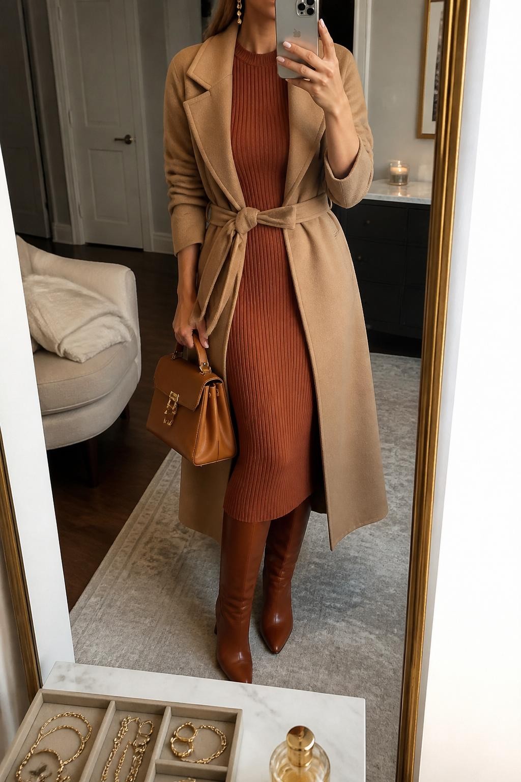 mirror selfie of a woman wearing a terracotta ribbed knit midi dress, camel wool wrap coat, cognac leather knee-high boots, delicate gold drop earrings, and a structured tan handbag, clearly showing the same clothing items, colors, fabrics, and accessories listed in the Outfit Pieces section, holding a phone in front of a mirror, cropped at NECK so the face does not show, with a relaxed casual selfie pose, in a stylish city apartment, warm moody lighting, including a jewelry tray on the vanity and a soft blanket folded on a chair, latest iPhone photo quality.