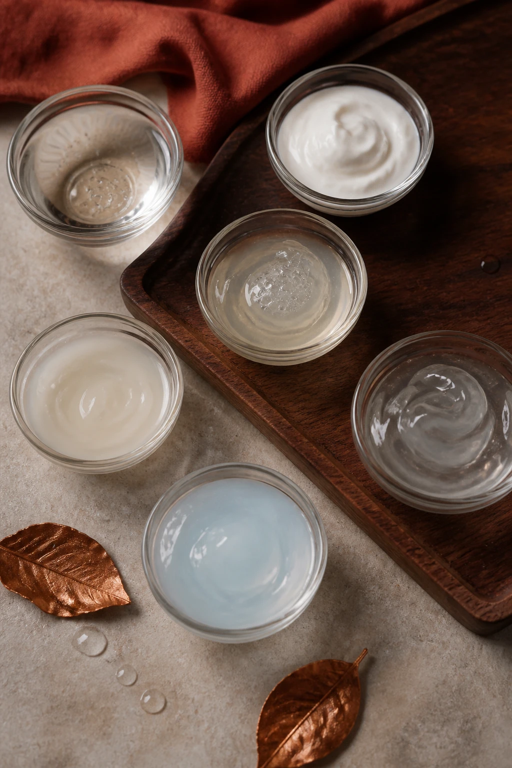 Image Prompt: A premium realistic beauty flat lay showing skincare textures commonly used in an oily-skin routine, clear salicylic acid liquid, lightweight azelaic acid cream, small amount of benzoyl peroxide gel, adapalene-style translucent gel, water-based moisturizer, and gel sunscreen arranged in plain unbranded glass dishes on pale stone, muted rust linen, dark walnut tray, small copper leaves, and water droplets creating a subtle fall mood, soft side lighting, highly realistic gel and lotion textures, DSLR macro editorial photography, 100mm lens, no labels, no text overlay.