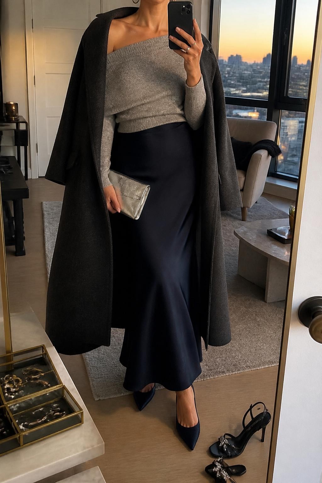 mirror selfie of a woman wearing the exact outfit described above, clearly showing a navy satin maxi skirt, soft gray off-shoulder knit sweater, navy pointed pumps, silver clutch, silver hoop earrings, and a charcoal wool coat draped open, holding a phone in front of a mirror, cropped at NECK so the face does not show, with a relaxed casual selfie pose, in a stylish city apartment, evening golden hour, with a pair of heels on the floor nearby and a jewelry tray on the vanity, latest iPhone photo quality.