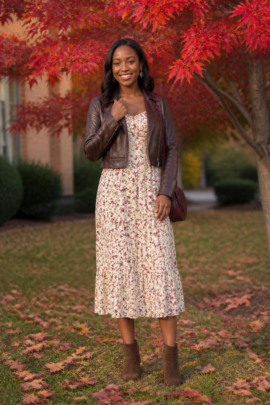 realistic outdoor senior portrait of a Black young woman wearing a chocolate brown cropped leather jacket over a cream midi dress with small burgundy and brown floral prints, brown suede ankle boots, a burgundy crossbody bag, and delicate gold earrings, standing beneath a tree with deep red fall leaves, full-body composition clearly showing the exact jacket, printed dress, footwear, bag, and jewelry, relaxed pose with one hand holding the jacket lapel, warm natural light, realistic professional DSLR image.