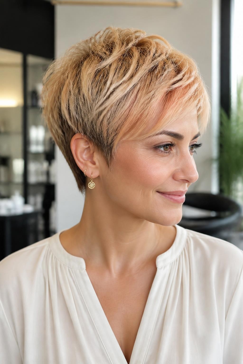 A realistic salon portrait of a woman with light olive skin wearing a soft feathered pixie, warm beige-blonde root shadow, champagne-blonde base through the crown, muted apricot and peach-gold ribbons painted around the fringe and upper sides, pale cream tips, fine sandy lowlights beneath the top layer, no vivid orange or white platinum sections, airy feathered texture, ivory blouse, delicate gold earrings, blurred salon interior, soft daylight, realistic hair density and gentle reflective shine.