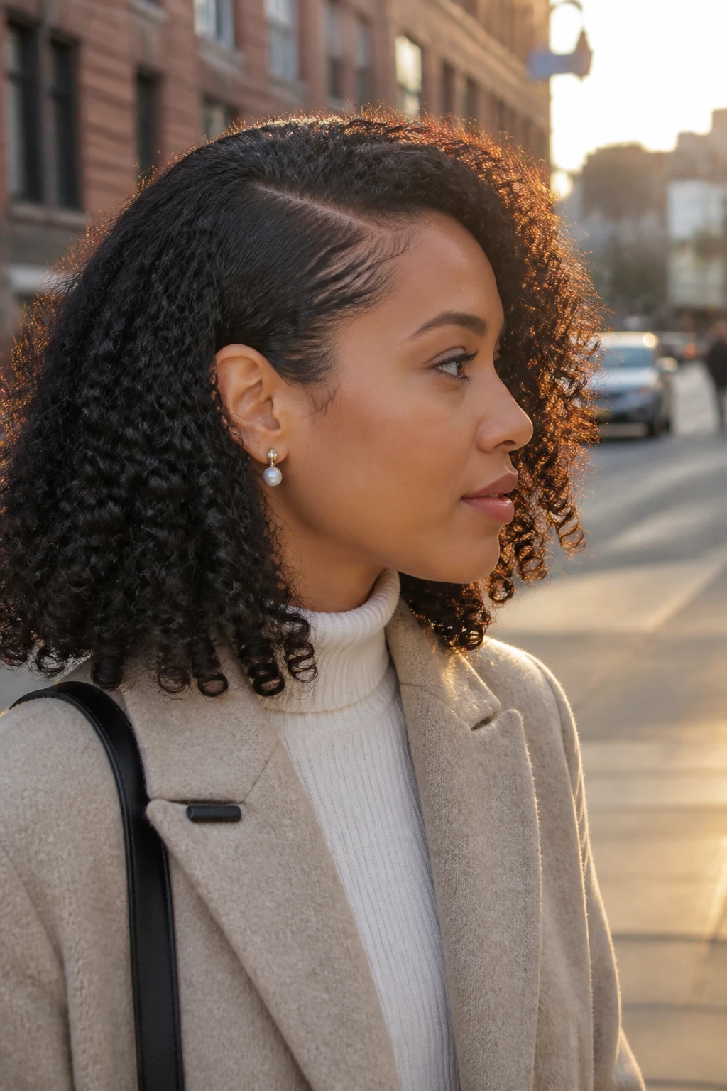 Image prompt
Photo of a woman wearing shoulder-length 3B curls with a deep side part, one side tucked neatly behind the ear, and full defined ringlets sweeping across the opposite cheek, side profile view against a softly blurred city street background, golden hour glow, containing a small lived-in detail such as pearl earrings peeking through and a slim hair clip attached to her coat collar, realistic candid photograph, latest iPhone photo quality.