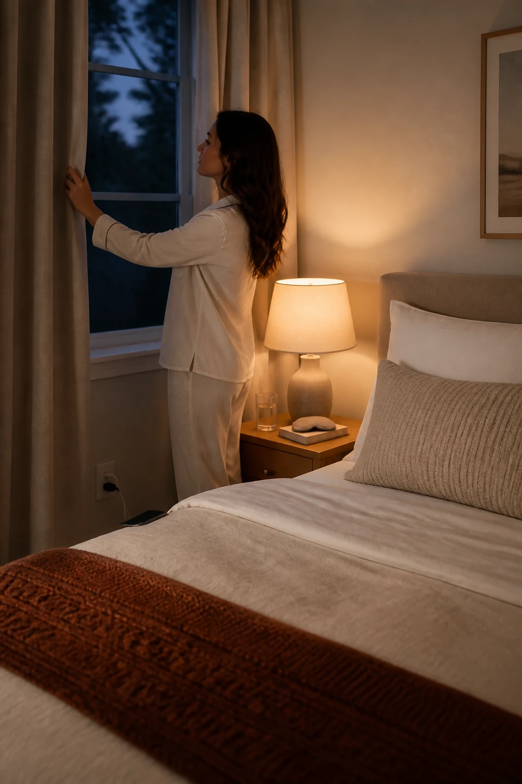 Image Prompt: A realistic DSLR lifestyle photograph of a woman preparing for restful sleep in a calm fall bedroom, wearing soft long-sleeved cream pajamas while closing the curtains beside a neatly made bed, layered white and oatmeal bedding, rust-colored throw blanket folded at the foot, smartphone charging across the room, glass of water, sleep mask and closed paperback on a wooden nightstand, warm amber bedside lamp, cool dark-blue evening visible through the window, realistic fabric textures and natural body proportions, uncluttered premium wellness editorial photography, 35mm lens, no visible brand names, no readable text.
