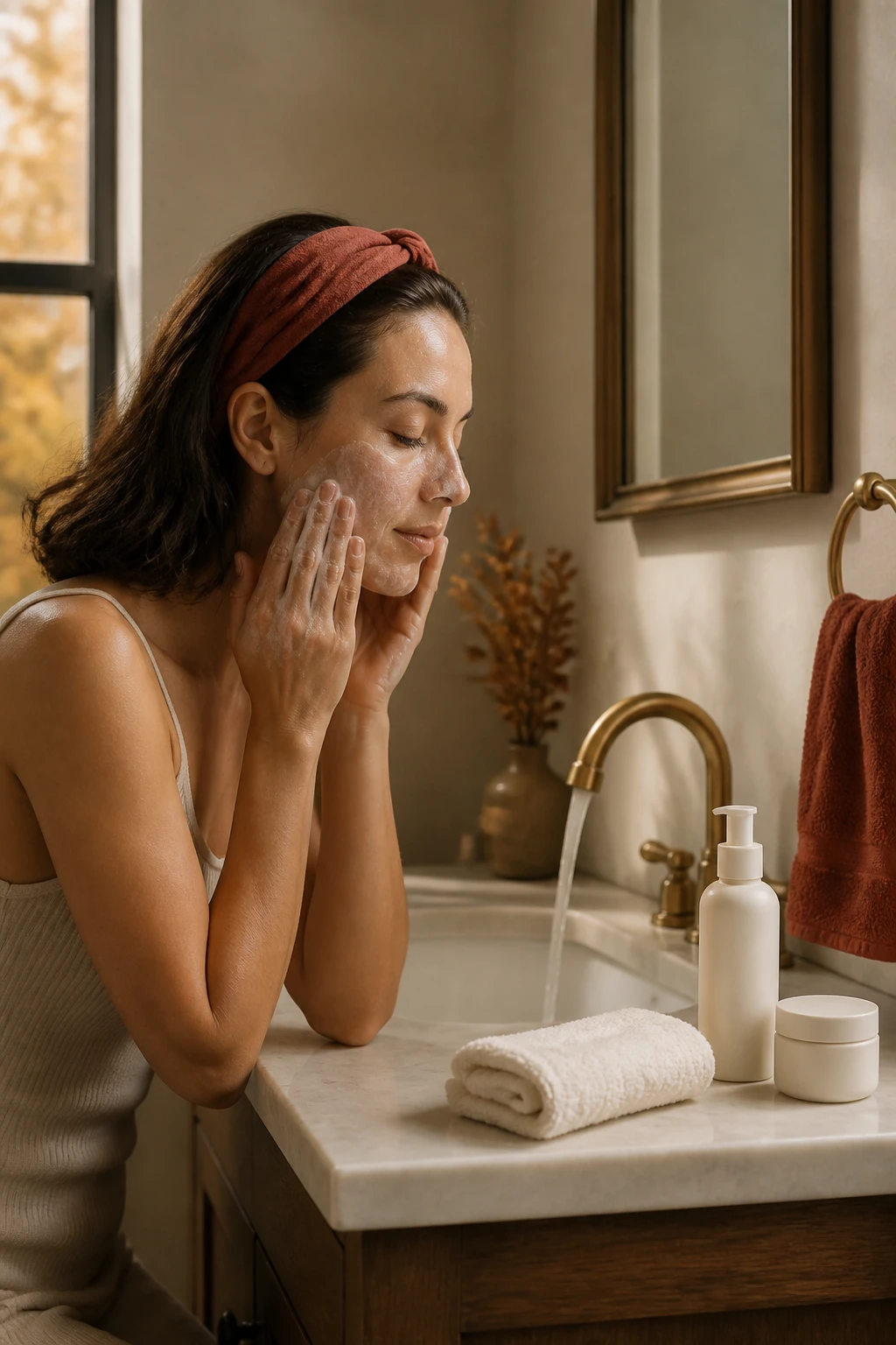 Image Prompt: A realistic DSLR beauty photograph of a woman completing a gentle fall morning cleanse in a softly lit bathroom, lightly massaging a creamy fragrance-free facial cleanser onto damp skin with clean fingertips, shoulder-length dark brown hair held away from her face by a wide rust-colored fabric headband, natural bare skin with visible pores and no heavy retouching, lukewarm water running from a brushed-brass tap, soft cream washcloth resting unused beside an unbranded cleanser and simple moisturizer, warm autumn sunlight entering through a small window, cream stone counter, walnut cabinet, muted terracotta towels, calm premium skincare editorial photography, 85mm lens, shallow depth of field, no product labels, no text.