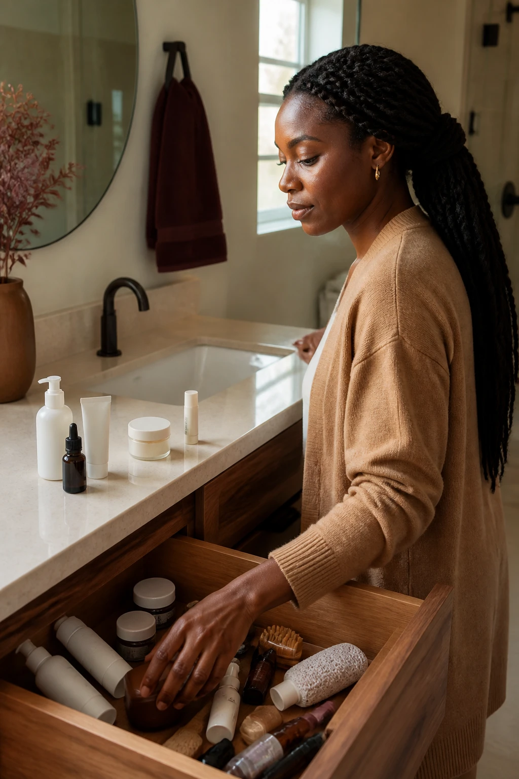 Image Prompt: A realistic editorial beauty photograph of a Black woman with rich dark skin simplifying an overcrowded seasonal skincare routine at a modern bathroom vanity, moving harsh scrub, alcohol toner, multiple exfoliating acids, strong peel, rough cleansing brush, fragranced mask, and several unopened fall products into a closed drawer while keeping a gentle cleanser, suitable moisturizer, sunscreen, lip balm, and one treatment on the pale stone counter, natural skin with visible pores and mild dry patches, long twists in a low ponytail, camel cardigan, warm afternoon window light, walnut cabinets and muted burgundy towel, polished DSLR photography, 50mm lens, no readable labels, no text.