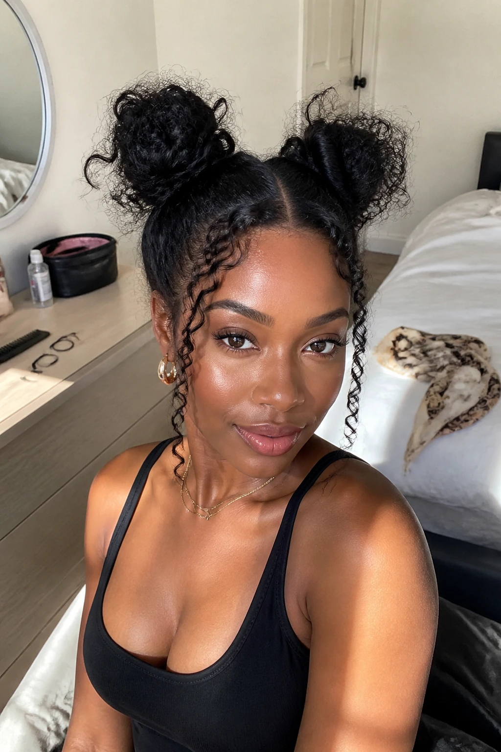 Image prompt

Photo of a Black woman wearing two messy curly space buns with a zigzag middle part, loose curl ends around both buns, and two spiral tendrils framing the face, front three-quarter view inside a sun-drenched bedroom, natural window light, containing a small lived-in detail such as a rat-tail comb and spare elastics on the dresser, a makeup bag nearby, and a silk scarf resting on the bed, realistic bad hair day transformation, latest iPhone photo quality.