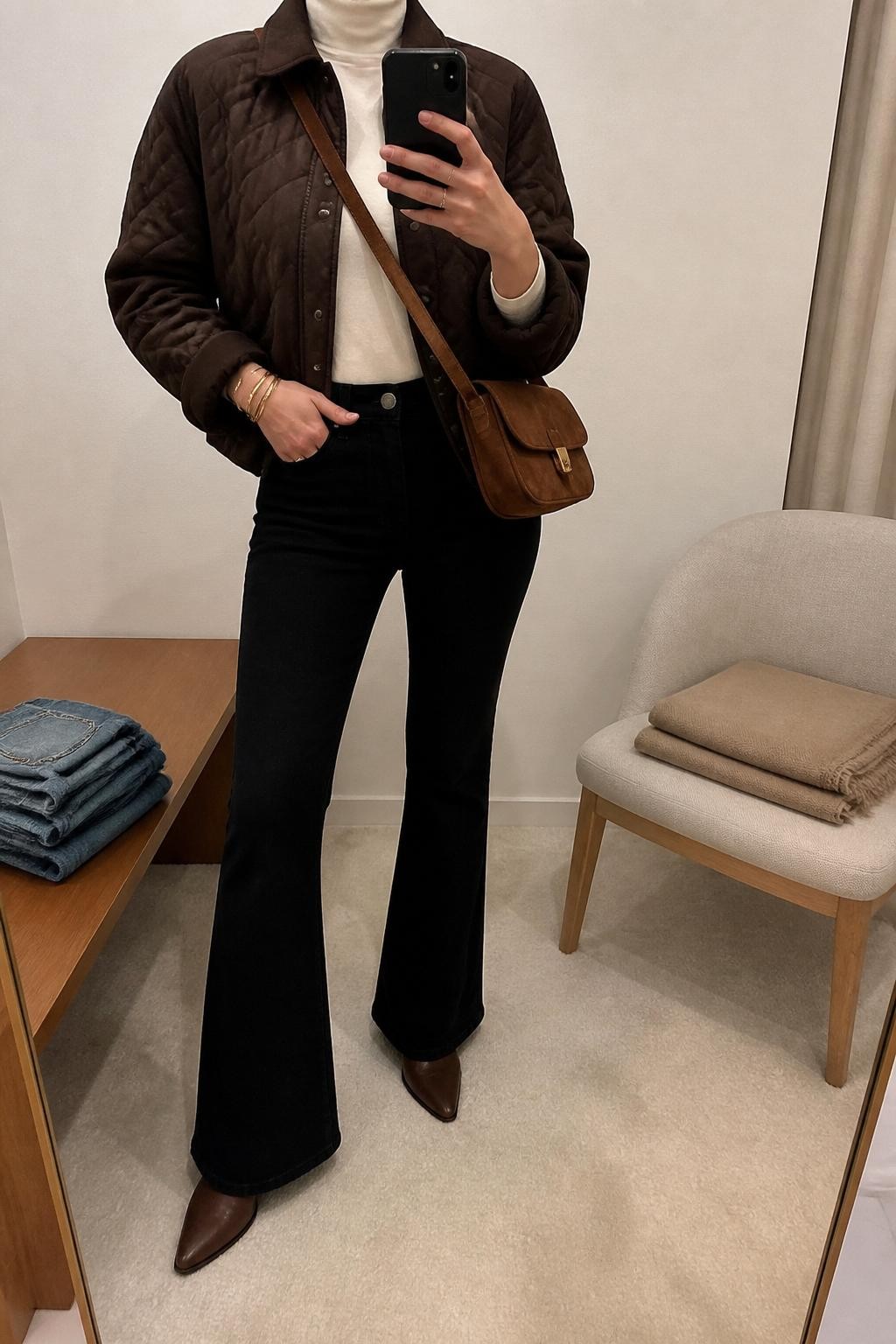 mirror selfie of a woman wearing the exact outfit described above, clearly showing a chocolate brown quilted jacket layered over an ivory fitted turtleneck, black flare jeans, brown pointed ankle boots, a caramel suede crossbody bag, and gold bangles, holding a phone in front of a mirror, cropped at NECK so the face does not show, with a relaxed casual selfie pose, in a minimal dressing room, soft indoor lighting, with folded blanket on a chair and folded denim jeans on a bench, latest iPhone photo quality.