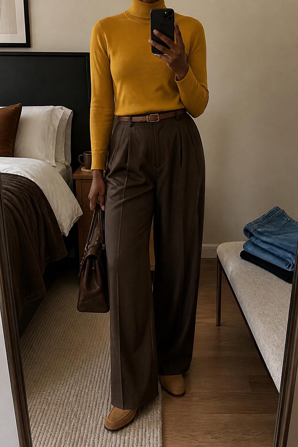 mirror selfie of a Black woman wearing a fitted mustard yellow turtleneck, dark brown pleated wide-leg trousers, camel suede loafers, a slim brown leather belt, and a structured chocolate handbag, clearly showing the same clothing items, colors, fabrics, and accessories listed in the Outfit Pieces section, holding a phone in front of a mirror, cropped at NECK so the face does not show, with a relaxed casual selfie pose, in a cozy bedroom mirror setup, warm moody lighting, including a coffee mug on a bedside table and folded denim jeans on a bench, latest iPhone photo quality.