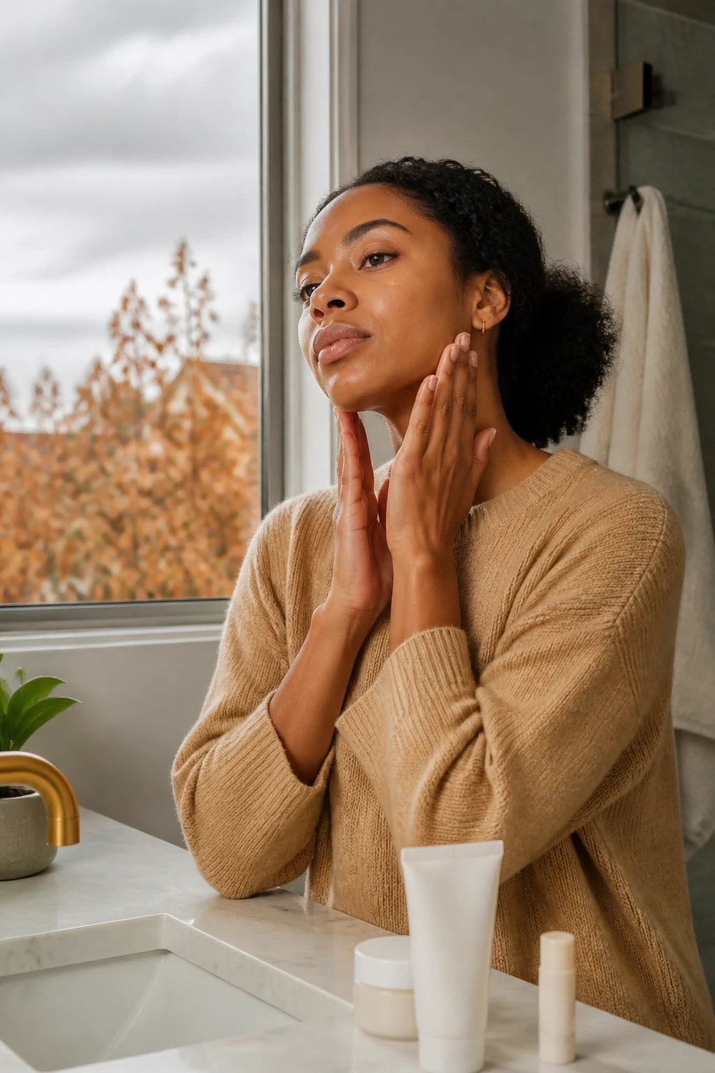 Image Prompt: A bright realistic beauty photograph of a Black woman with warm medium-brown skin applying sunscreen evenly across her face and neck before leaving home on a cloudy fall morning, natural curly hair styled in a low puff, wearing a camel knit sweater and small gold earrings, broad-spectrum sunscreen in a plain unbranded tube beside moisturizer and lip balm, gray overcast sky and copper trees visible through the bathroom window, realistic skin texture without a white cast, soft natural light, polished DSLR skincare campaign, 85mm lens, no product branding, no text.