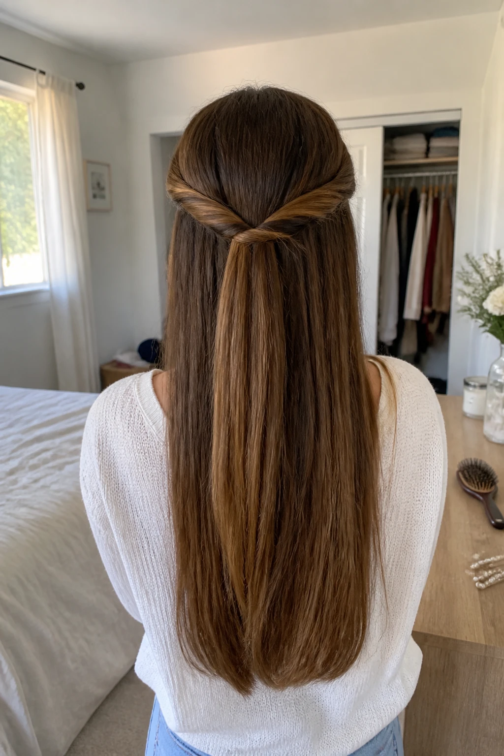 Image prompt
Photo of a woman wearing long straight hair styled into a soft half-up twisted crown with two smooth sections meeting at the back, back-of-head view highlighting the twist details, standing in a sun-drenched bedroom, natural window light, containing a small lived-in detail such as pearl pins on the dresser, a hairbrush nearby, and a slightly open closet behind her, realistic everyday getting-ready moment, latest iPhone photo quality.
