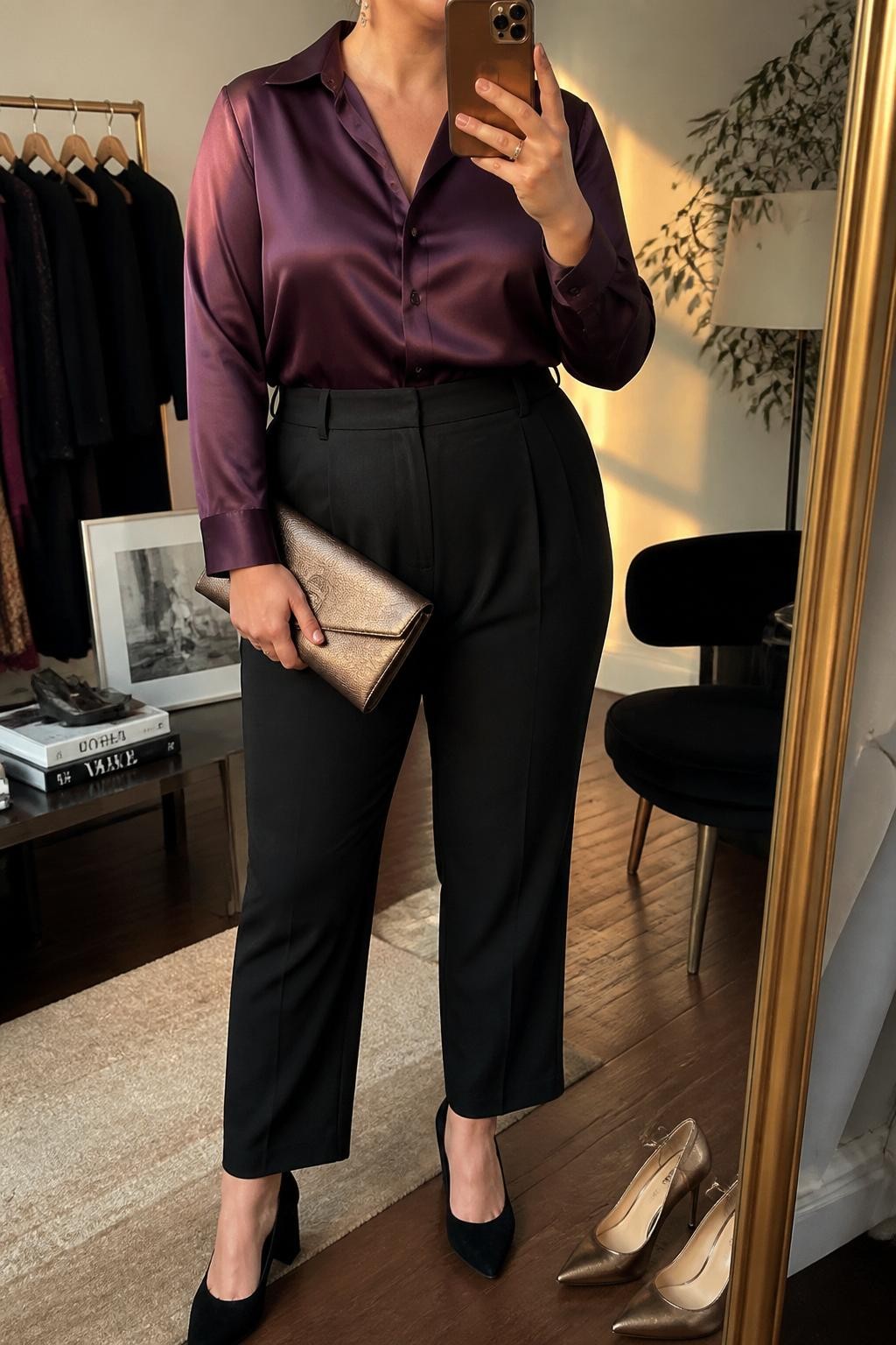 mirror selfie of a plus size woman wearing the exact outfit described above, a deep plum long-sleeve satin blouse tucked into black high-waisted tailored trousers, black suede block heel pumps, metallic bronze envelope clutch, and delicate gold-tone drop earrings, clearly showing the same clothing items, colors, fabrics, and accessories listed in the Outfit Pieces section, holding a phone in front of a mirror, cropped at NECK so the face does not show, with a relaxed casual selfie pose, in a fashion studio mirror corner, evening golden hour, including a pair of heels on the floor nearby and a stack of fashion magazines on a side table, latest iPhone photo quality.