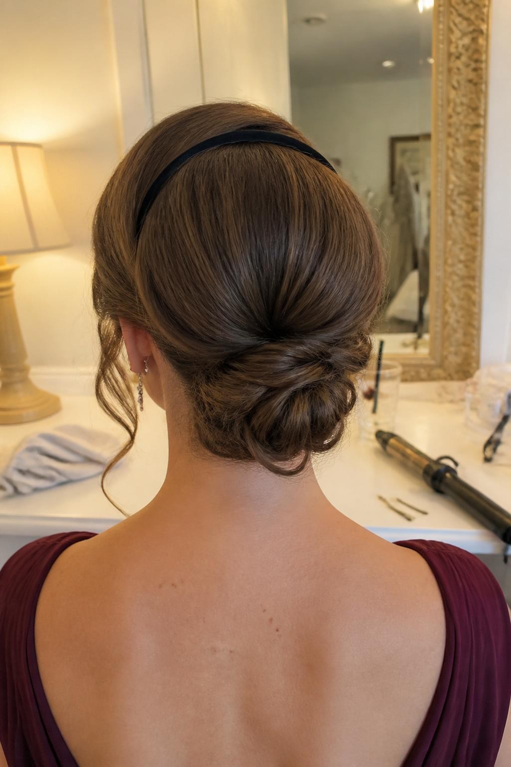 Photo of a woman wearing a low curled bun with a softly center-parted front, light crown volume, and a narrow black velvet headband placed just behind the hairline, back-of-head view in a warm dressing room, soft indoor lighting, curling iron and bobby pins on the vanity, berry-colored dress visible at the shoulders and delicate earrings peeking through, realistic loose curls and latest iPhone photo quality.
