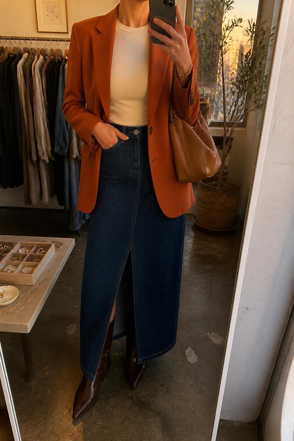 mirror selfie of a woman wearing a rust orange tailored blazer, ivory fitted crew-neck top, dark-wash denim maxi skirt with a front slit, dark brown pointed boots, and a caramel leather shoulder bag, clearly showing the same clothing items, colors, fabrics, and accessories listed in the Outfit Pieces section, holding a phone in front of a mirror, cropped at NECK so the face does not show, with a relaxed casual selfie pose, in a fashion studio mirror corner, evening golden hour, including a clothing rack with garments behind and a jewelry tray on a small table, latest iPhone photo quality.
