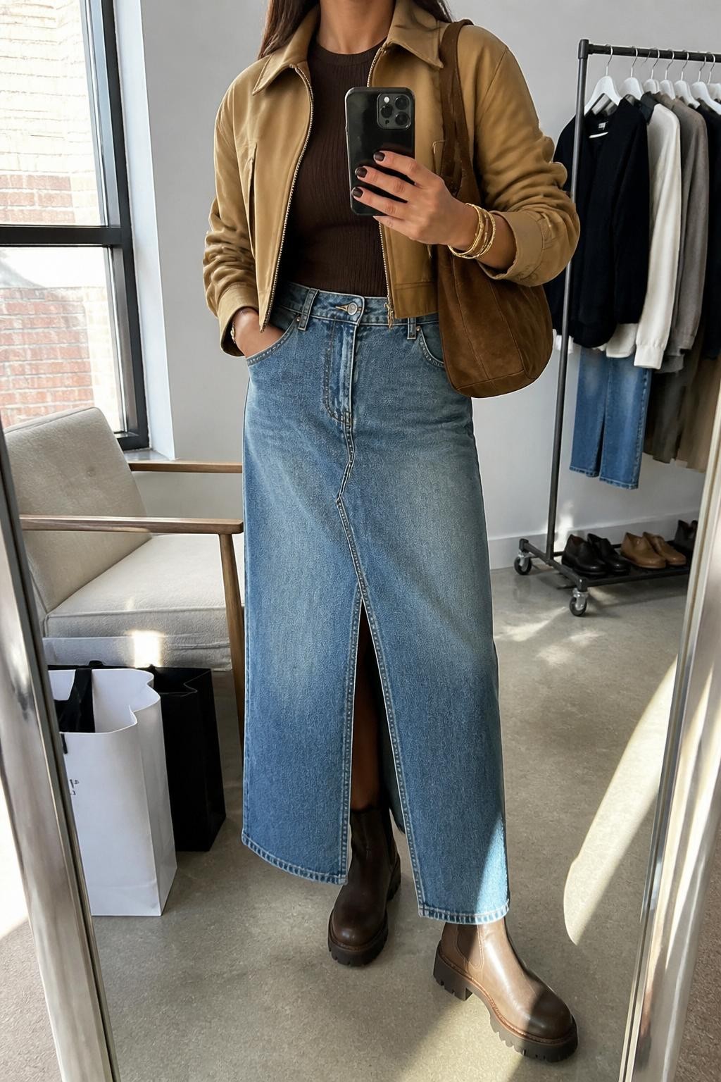 mirror selfie of a woman wearing the exact outfit described above, clearly showing brown lug-sole ankle boots, a medium-wash denim maxi skirt with a front slit, a chocolate fitted knit top, a camel cropped jacket, a brown suede shoulder bag, and gold bangles, holding a phone in front of a mirror, cropped at NECK so the face does not show, with a relaxed casual selfie pose, in a fashion studio mirror corner, natural window light, with a clothing rack with garments behind and shopping bags beside a chair, latest iPhone photo quality.
