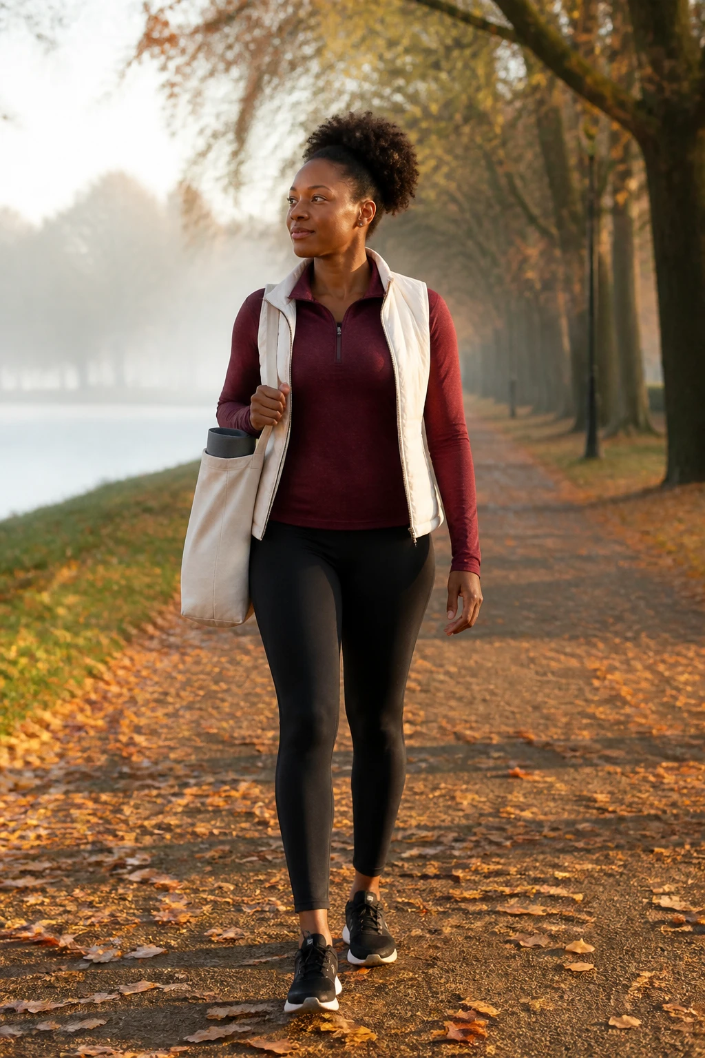 Image Prompt: A realistic outdoor wellness photograph of a Black woman with deep brown skin completing a brisk fall walk in a tree-lined park, wearing black leggings, supportive sneakers, a fitted burgundy long-sleeve top and lightweight cream vest, relaxed shoulders and confident natural posture, copper leaves scattered along the path, cool morning mist and pale golden sunlight, folded yoga mat visible in an open tote bag to suggest an indoor backup workout, realistic athletic body proportions and clothing textures, editorial DSLR photography, 70mm lens, no logos, no text.