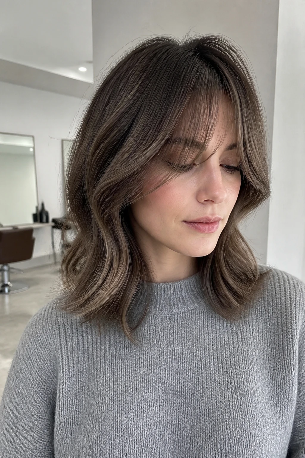 A realistic salon portrait of a woman with fair skin and medium-length softly waved hair, smoky mushroom brunette color, cool taupe-brown base, muted beige-brown ribbons, soft shadow root, no golden warmth, airy curtain bangs, loose undone bends, gray knit sweater, pale salon background, soft daylight, matte natural finish, realistic flyaways, detailed cool brunette tone.