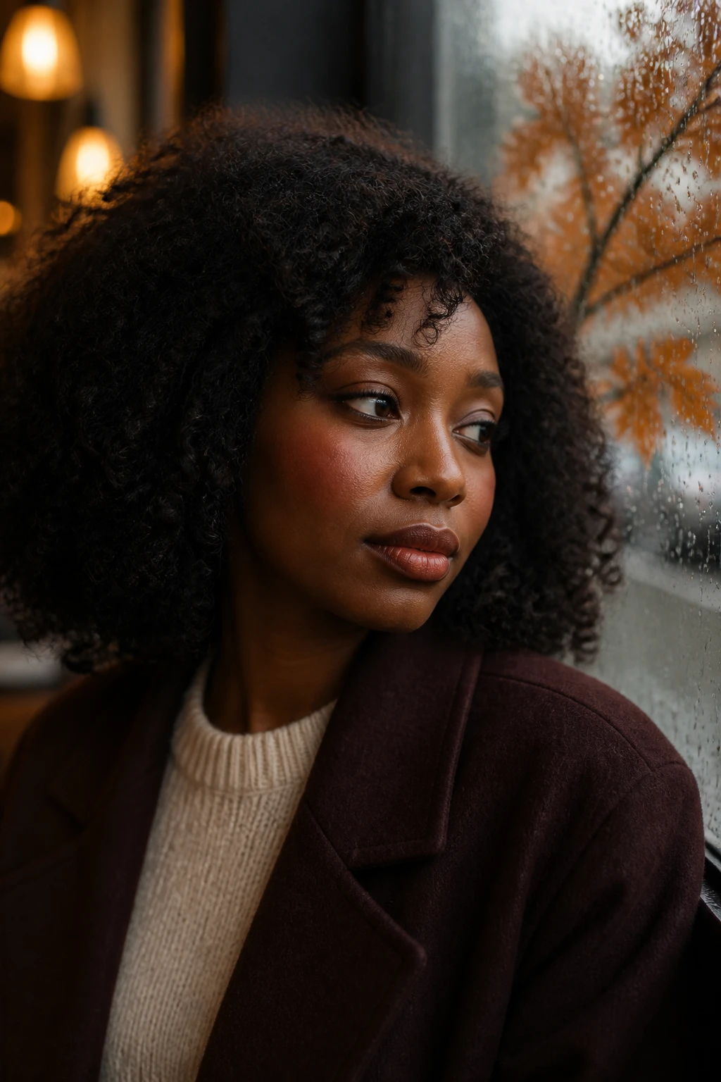 Image Prompt: A realistic DSLR beauty portrait of a Black woman with rich deep-brown skin wearing an intentionally undone fall beauty look, natural skin with visible pores and light coverage, slightly smudged espresso eyeliner close to the lashes, softly blurred berry-brown lips, brushed natural brows, and a gentle flush across the cheeks, shoulder-length 3C curls with soft lived-in texture and a few believable flyaways, woman wearing a cream knit sweater beneath a dark burgundy coat, photographed beside a rain-speckled café window with copper leaves outside, warm interior light mixed with cool fall daylight, polished yet effortless editorial mood, 85mm lens, realistic proportions, no product logos, no text, no watermarks on images.
