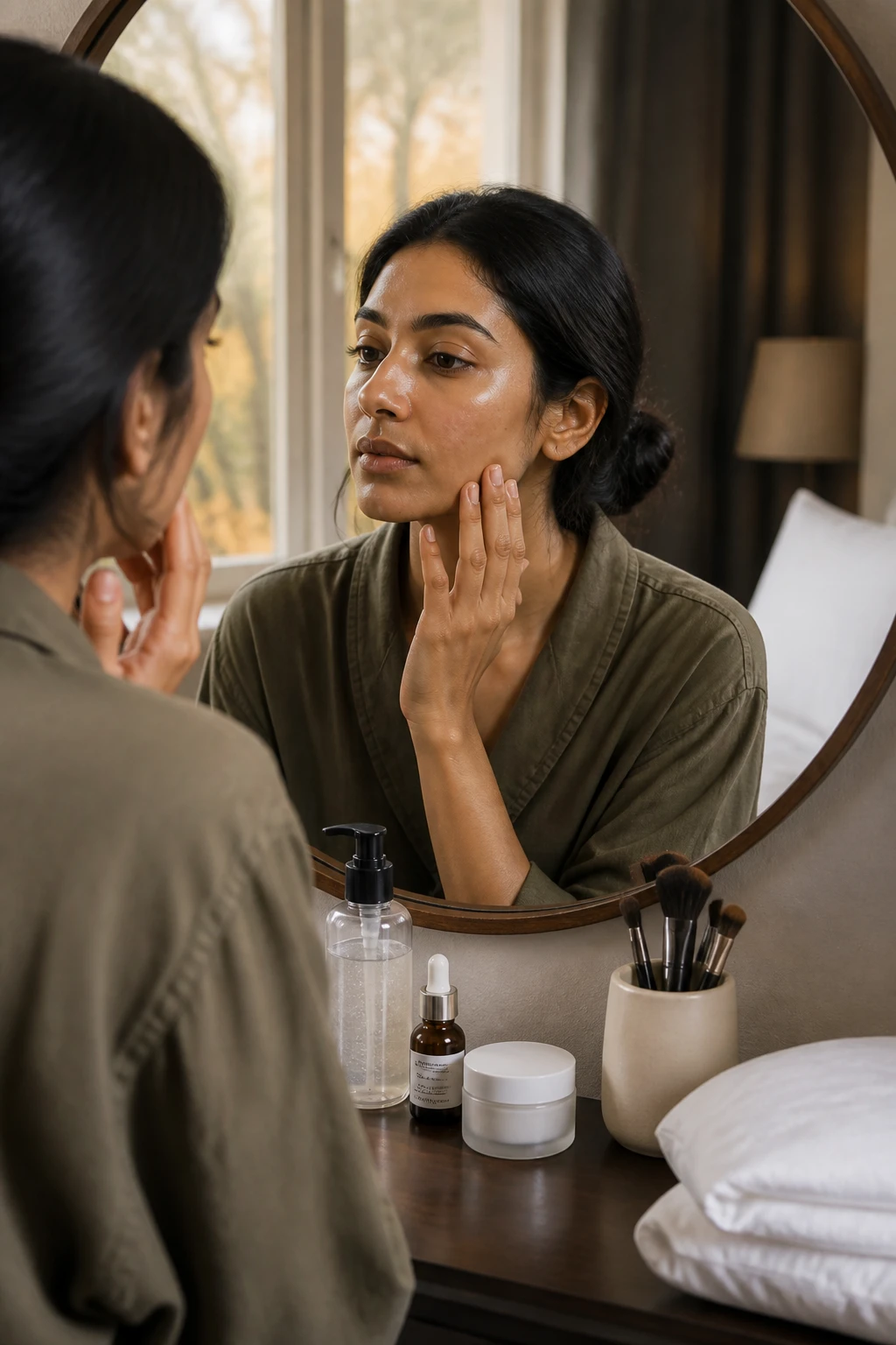Image Prompt: A realistic fall skincare photograph of a South Asian woman completing a calm weekly oily-skin check-in at a bedroom vanity, long dark hair secured in a relaxed low bun, natural skin with a visible oily T-zone and clear cheeks, woman wearing a muted olive robe while examining her face in a round mirror, gentle cleanser, one exfoliating treatment, lightweight moisturizer, clean makeup brushes, and freshly washed pillowcase arranged nearby, harsh face scrubs and multiple peel bottles absent from the scene, warm Sunday afternoon window light, cream and walnut interior, premium DSLR beauty editorial photography, 70mm lens, no product branding, no text.