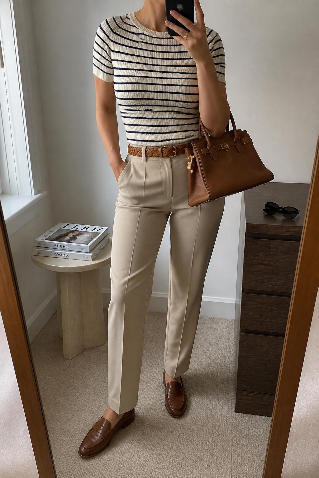 mirror selfie of a woman wearing a fitted cream and navy striped knit top, tailored beige straight-leg trousers, brown leather loafers, a tan woven belt, and a structured brown handbag, clearly showing the same clothing items, colors, fabrics, and accessories listed in the Outfit Pieces section, holding a phone in front of a mirror, cropped at NECK so the face does not show, with a relaxed casual selfie pose, in a minimal dressing room, natural window light, including a stack of fashion magazines on a side table and sunglasses placed on a dresser, latest iPhone photo quality.