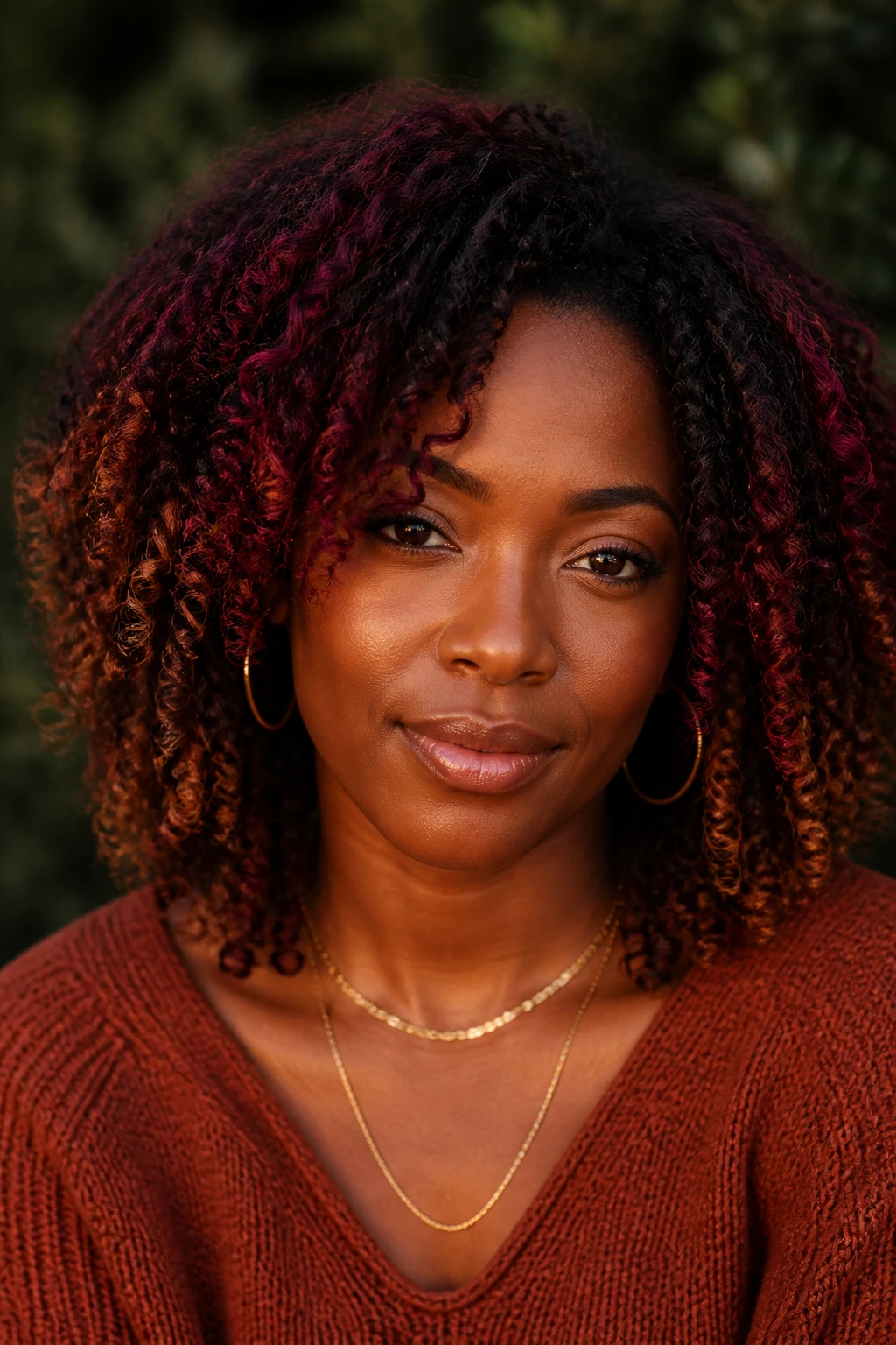 A realistic close-up portrait of a Black woman with deep brown skin and full collarbone-length natural curls, mulled wine and copper curl painting over a dark chocolate base, deep merlot ribbons painted onto selected outer curls, fine cranberry-red accents around the crown, muted copper pieces concentrated near the temples and ends, natural roots and darker inner coils preserved, no uniform red coating, defined texture with light frizz, rust knit top, layered gold hoops, blurred dark green foliage, warm winter afternoon light, precise curl-by-curl placement and realistic skin texture.