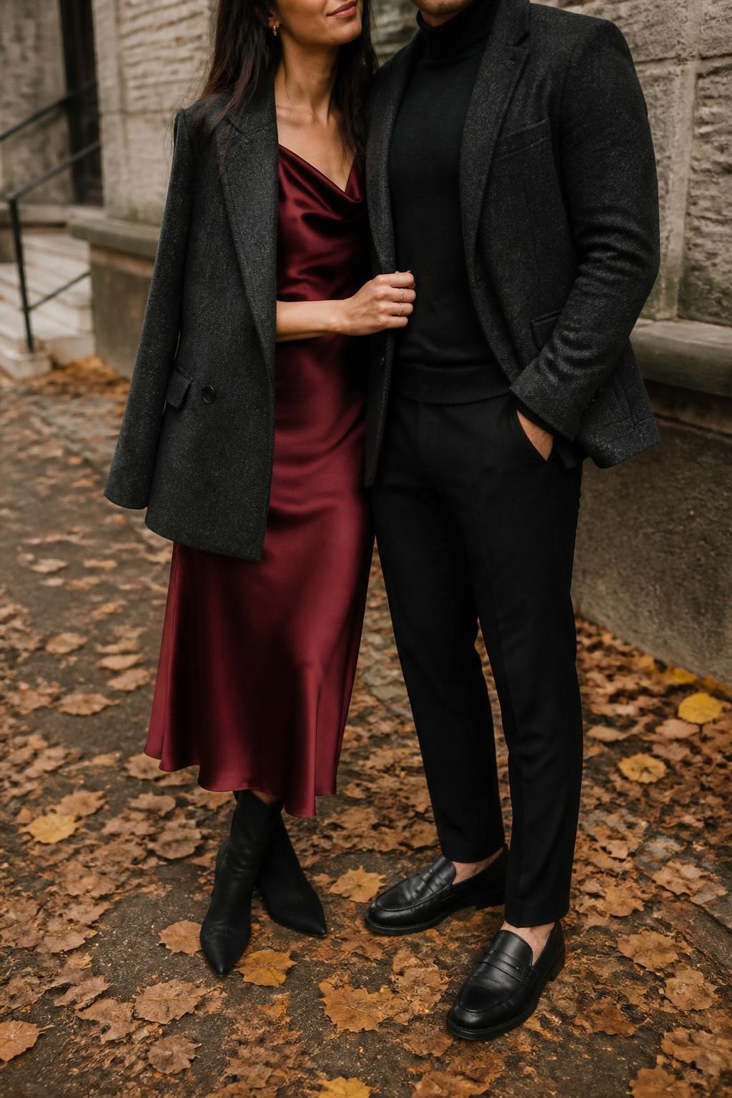 outdoor DSLR photo of a couple wearing elegant fall photoshoot outfits, the woman wearing a burgundy satin midi dress, charcoal wool blazer draped over her shoulders, black pointed ankle boots, and small gold earrings, the man wearing a charcoal wool blazer, black turtleneck, black tailored trousers, and black leather loafers, standing beside an old stone building with fallen leaves on the ground, warm moody fall lighting, natural close pose, faces cropped slightly above the lips for privacy, realistic editorial couple photoshoot, latest iPhone photo quality.