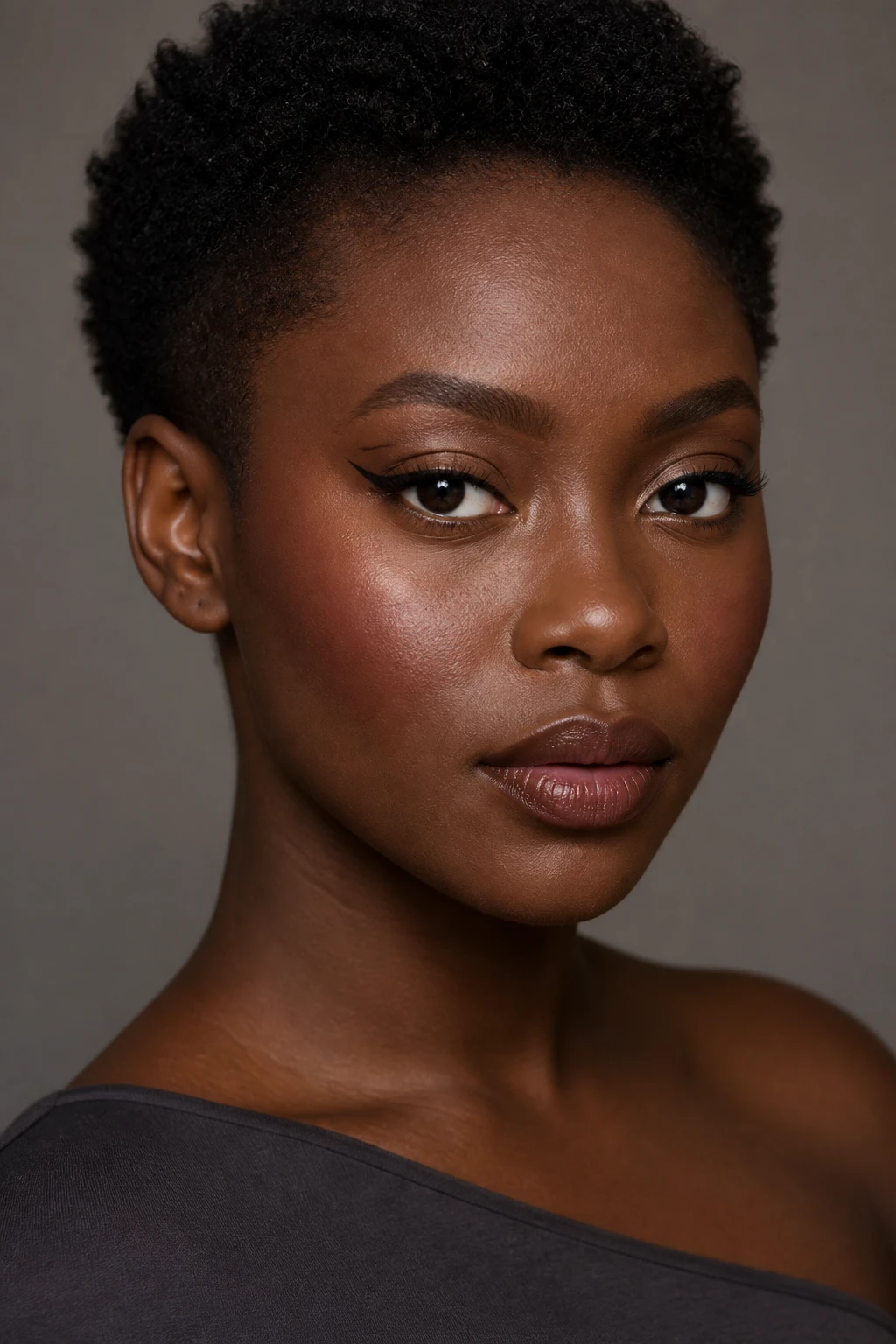 Create a single high-fashion yet achievable beauty portrait of a Black woman aged 29 to 37 with very deep skin, neutral undertones, wide-set dark brown eyes, a softly heart-shaped face, and full natural lips. Her short natural coily hair is shaped into a neat tapered cut with the hairline and temples clearly visible. She wears a simple charcoal-grey asymmetrical-neck top without jewellery near the face.
Apply soft matte neutral taupe shadow across the mobile lids and blend it slightly above the crease as a clean base. Draw a slim, richly pigmented charcoal floating line approximately three to four millimetres above the natural crease, following the curve of each eye from the inner-middle area toward the outer corner. Connect the line to a short upward outer wing while leaving a clear strip of taupe skin visible between the floating line and upper lash line. Add a separate very fine black-brown liner directly against the upper lash roots. Place a small satin taupe highlight at the inner corners. Keep the lower lash lines mostly clean, with only a faint charcoal-taupe haze at the outer thirds. Use separated, lengthened lashes rather than dense false lashes. Keep the brows softly structured with clearly visible individual hairs.
Create a soft-matte complexion with foundation matched exactly to the face, neck, shoulders, and chest. Properly light and expose the very deep skin so pores, fine facial hairs, natural skin variation, and the charcoal liner remain clearly visible. Apply rich cinnamon-plum blush high on the cheeks and blend it toward the temples. Use deep neutral bronzer subtly around the forehead and cheek perimeter. Add a restrained bronze-gold highlight to the upper cheekbones, avoiding strong metallic shine. Line the lips with deep chestnut-brown pencil and fill them with a deep cocoa nude satin-matte lipstick. Preserve natural lip volume, texture, and fine lip lines.
Pose the model at a slight three-quarter angle with direct eye contact and both eyes fully visible. Her face should occupy about 80 percent of the frame. Photograph her with a full-frame mirrorless camera and an 85mm portrait lens using clean studio lighting with a broad soft key and balanced fill. Use a softly blurred warm grey background that separates the face and hair from the surroundings.
Require accurate facial anatomy, correctly aligned pupils, natural gaze, symmetrical floating liner placement, individual lashes and eyebrow hairs, natural pores, fine facial hairs, natural lip lines, subtle facial asymmetry, believable skin highlights, accurate colour placement, realistic coily hair texture, and natural human proportions.
Avoid plastic, grey, or waxy skin, excessive smoothing, muddy charcoal, floating lines touching the lash line, uneven graphic shapes, disappearing taupe, distorted pupils, crossed eyes, duplicate lashes, block brows, oversized lips, mismatched foundation, contour stripes, metallic cheek streaks, strange teeth, distorted earrings, extra fingers, hands near the eyes, floating products, text, logos, watermarks, collages, and split screens.