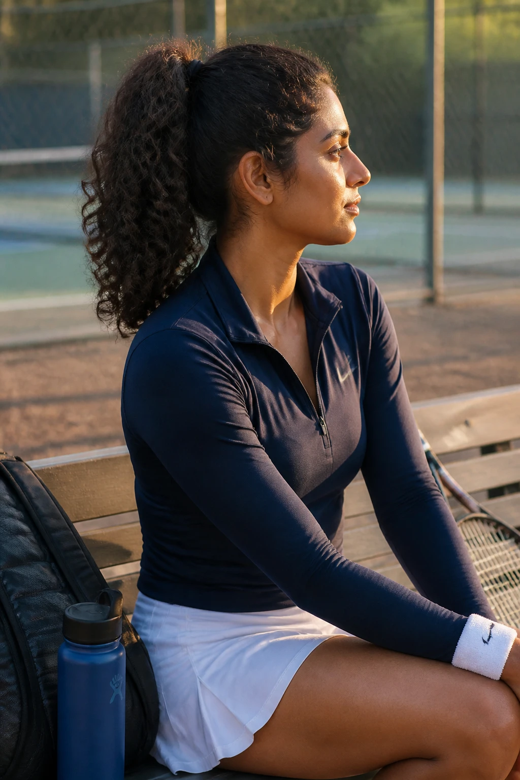 Image prompt
Photo of a South Asian woman wearing a stacked curly ponytail made from two hidden ponytails that blend into one full athletic shape, side profile view beside a softly blurred outdoor tennis court, golden hour glow, containing a small lived-in detail such as a tennis racket resting near the bench, a sports bottle beside her bag, and a sweatband around her wrist, realistic candid pre-match photograph, latest iPhone photo quality.