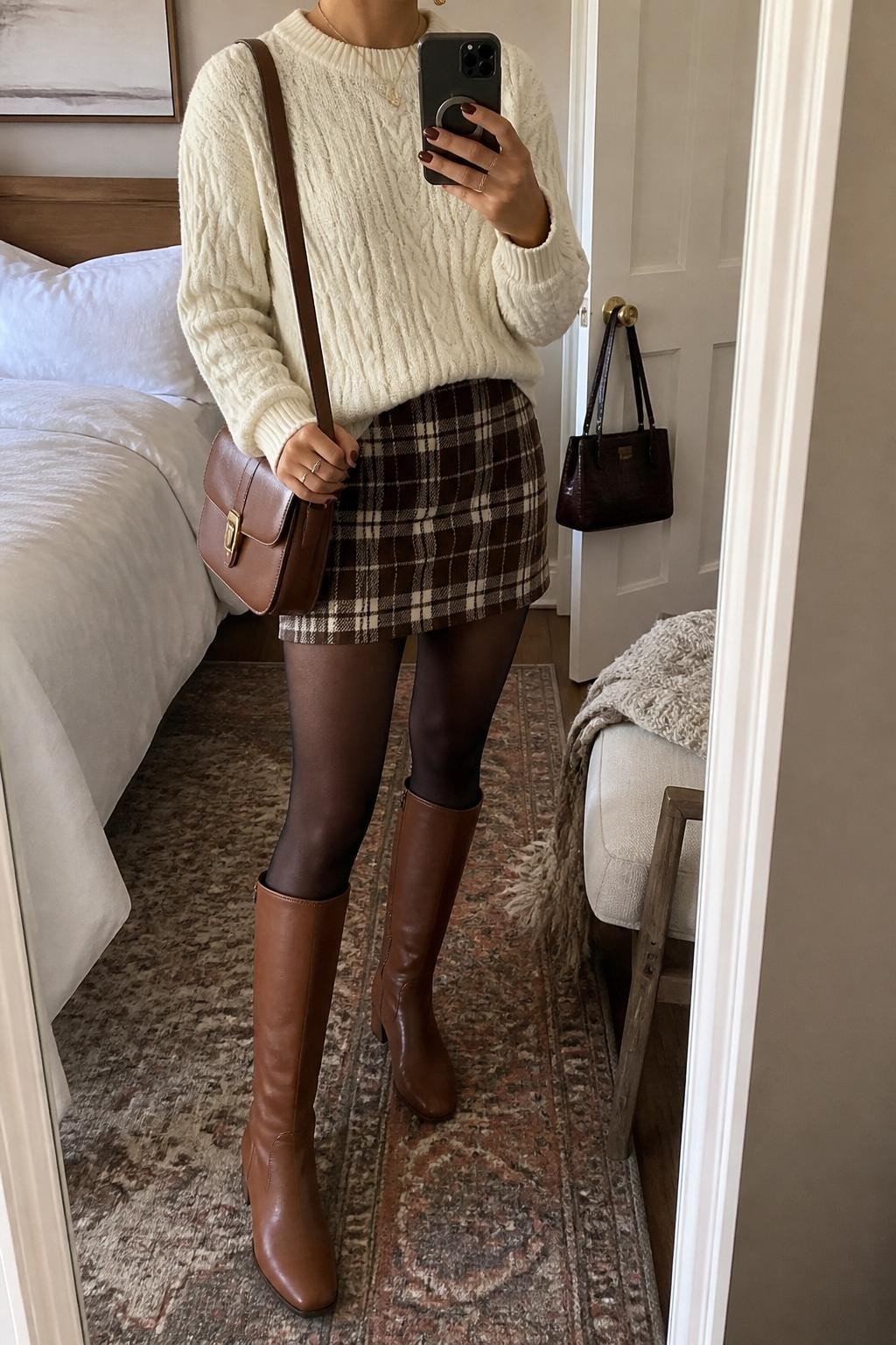 mirror selfie of a woman wearing the exact outfit described above, clearly showing cognac riding boots, a brown and cream plaid mini skirt, a cream cable knit sweater, sheer black tights, a tan satchel bag, and gold stud earrings, holding a phone in front of a mirror, cropped at NECK so the face does not show, with a relaxed casual selfie pose, in a cozy bedroom mirror setup, soft indoor lighting, with a folded blanket on a chair and a handbag hanging on a door handle, latest iPhone photo quality.