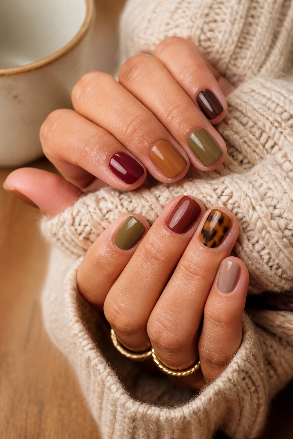 Image Prompt: A macro DSLR beauty photograph of neatly manicured hands displaying a sophisticated fall nail palette, short softly rounded natural nails painted in alternating complementary shades of deep wine, warm caramel, muted olive, creamy taupe and dark chocolate, one subtle tortoiseshell accent nail, hands resting on a textured oatmeal knit sleeve beside gold rings and a ceramic cup, realistic cuticles and skin texture, warm diffused window light, refined editorial nail photography, 100mm macro lens, uncluttered background, no product logos, no text.