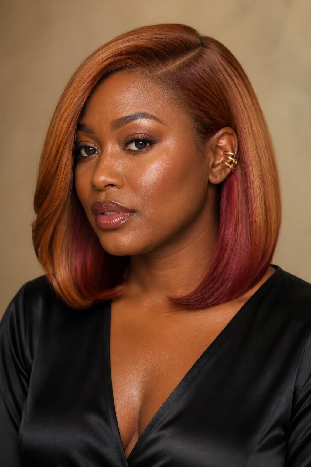 A realistic editorial portrait of a Black woman with warm brown skin and a smooth shoulder-length silk press, muted strawberry blonde top layer with mulled berry underlights, deep auburn root shadow, warm strawberry-copper surface color, hidden wine-rose, raspberry-copper, and deep cranberry panels placed beneath both sides and through the nape, one side tucked behind the ear to reveal the berry underlayer, soft inward bend at the ends, no vivid magenta or purple blocks, black satin top, gold ear cuff, warm beige studio setting, soft directional light, realistic shine, precise hidden color placement and natural skin texture.