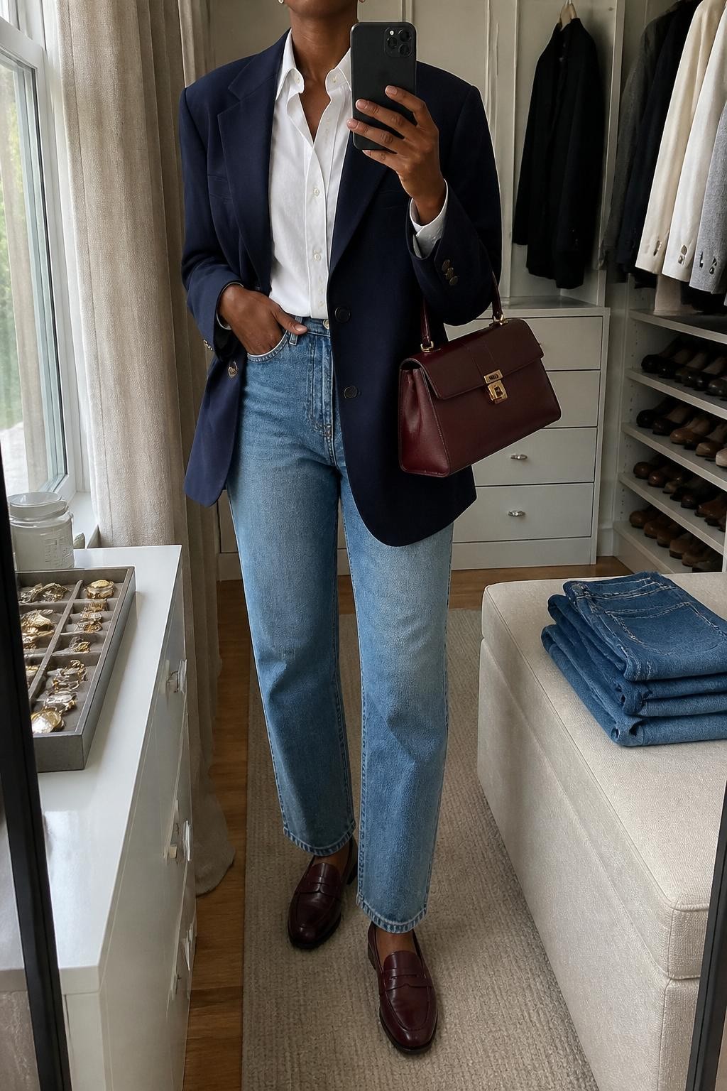 mirror selfie of a Black woman wearing the exact outfit described above, clearly showing a navy oversized blazer layered over a crisp white button-down shirt, medium-wash straight-leg jeans, burgundy loafers, a burgundy top-handle bag, and pearl stud earrings, holding a phone in front of a mirror, cropped at NECK so the face does not show, with a relaxed casual selfie pose, in a walk-in closet mirror, natural window light, with folded denim jeans on a bench and a jewelry tray on the vanity, latest iPhone photo quality.