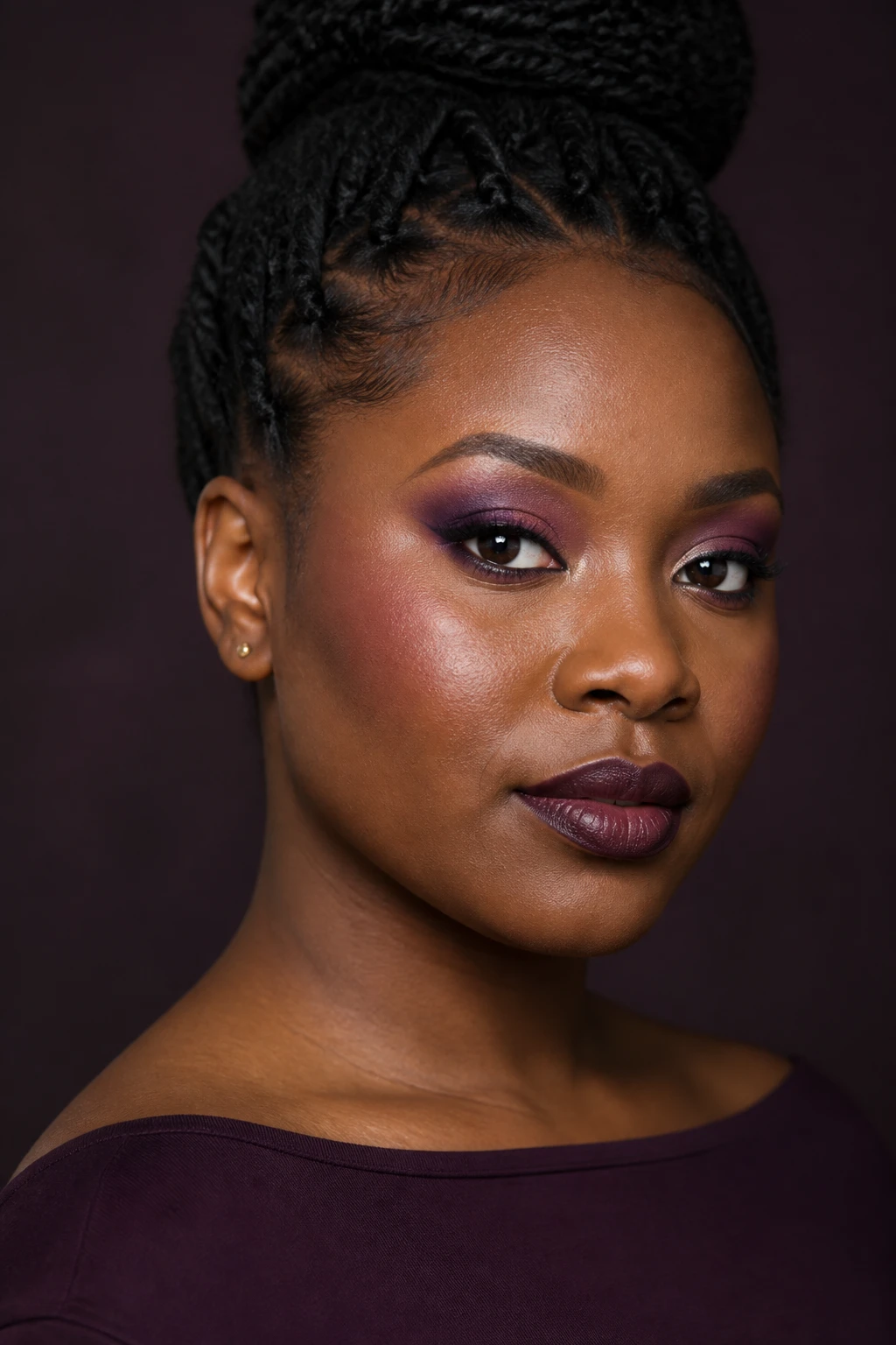 Image Prompt
Produce a single premium editorial beauty portrait of a Black woman aged 27 to 34 with deep skin, neutral-red undertones, large dark brown hooded eyes, a softly rounded face, and full natural lips. Her dense coily hair is styled in a high twisted bun with neat edges and no strands covering the eyelids or cheeks. She wears a simple deep plum boat-neck top with minimal jewellery.
Apply richly pigmented matte aubergine eyeshadow across the mobile eyelids, carrying the colour slightly above the natural crease so it remains visible when the eyes are open. Blend the outer edges upward and outward in a controlled elongated shape. Place charcoal-plum matte shadow along the upper lash lines, outer corners, and outer crease to add depth without turning the makeup black. Press muted lavender satin shadow onto the inner third of each lid, keeping clear separation between the lavender, aubergine, and charcoal-plum tones. Add a tiny cool champagne highlight at the inner corners. Use black-brown pencil tightly along the upper lash lines with a softly smudged finish and no thick wing. Smoke aubergine and charcoal-plum shadow along the lower lash lines, concentrating the deepest colour at the outer thirds. Add curled, separated lashes with moderate volume and individual hairs. Shape the brows softly with visible natural hairs and no heavy block fill.
Create a soft-matte complexion using foundation matched exactly to the face, neck, and upper chest. Properly expose the deep skin so the plum shadows and natural skin detail remain clear. Preserve pores, fine hairs, natural under-eye texture, and subtle variation. Sweep deep berry blush from the outer apples of the cheeks toward the temples. Use restrained deep neutral bronzer around the forehead and cheek perimeter. Apply a small amount of red-gold highlighter only to the highest points of the cheekbones. Line the lips with deep wine-brown pencil and fill them with blackberry-berry velvet lipstick, maintaining natural lip lines and softly defined edges.
Pose the model at a three-quarter angle with both eyes visible, her gaze slightly past the camera, and a calm closed-mouth expression. Her face should occupy about 78 percent of the frame. Capture the portrait with a full-frame mirrorless camera and an 85mm lens using clean studio lighting with a soft key light and gentle fill. Preserve detail in the deepest skin tones and keep the plum shades clearly separated. Use a softly blurred deep plum background.
Require accurate facial anatomy, correctly aligned pupils, natural eye direction, balanced smoky placement, individual lashes and brow hairs, realistic pores, fine facial hairs, subtle facial asymmetry, believable skin highlights, accurate colour placement, realistic coily hair strands, and natural proportions.
Avoid plastic skin, grey or ashy complexion, excessive smoothing, muddy purple shadow, disappearing lavender, uneven liner, distorted pupils, crossed eyes, duplicated lashes, block brows, oversized lips, mismatched foundation, harsh contour lines, metallic highlight stripes, strange teeth, distorted earrings, extra fingers, hands near the eyes, floating products, text, logos, watermarks, collages, and split-screen designs.