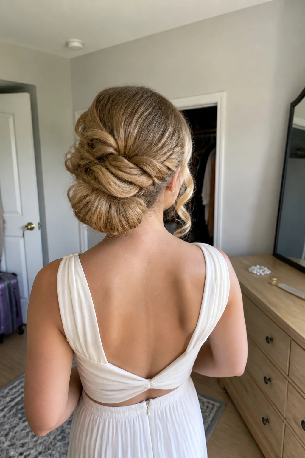 Image prompt

Photo of a woman wearing a twisted crown curly updo with two broad textured twists meeting above a soft low bun and a few loose tendrils around the face, back-of-head view highlighting the full design, standing in a sun-drenched bedroom, natural window light, containing a small lived-in detail such as small floral pins and a wide-tooth comb on the dresser and a slightly open closet behind her, realistic getting-ready moment, latest iPhone photo quality.