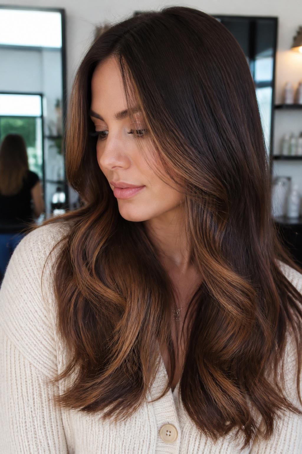 Hair Color Image Prompt:
A realistic salon portrait of a woman with fair skin and long layered brunette hair, dark chestnut brown base, maple-brown balayage painted through the lower layers and face-framing pieces, soft caramel-chestnut transition, darker roots left natural, loose blowout waves, warm shine, ivory cardigan, blurred salon mirror background, soft daylight, realistic color placement, no harsh stripes, natural flyaways.