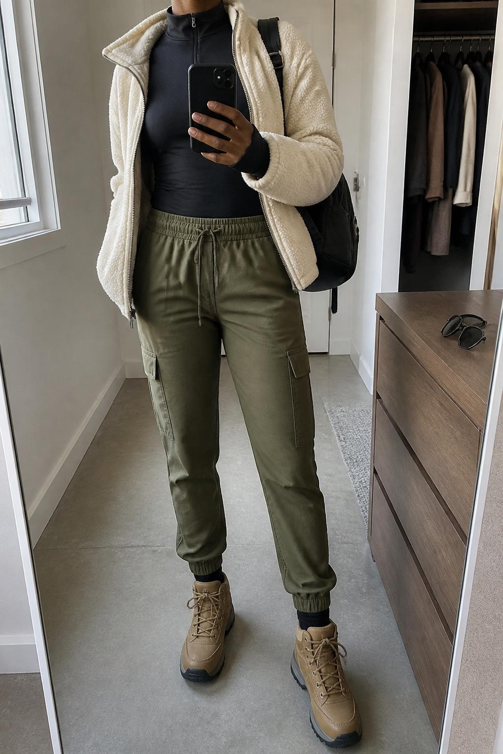 mirror selfie of a Black woman wearing the exact outfit described above, clearly showing a cream sherpa jacket, fitted black long-sleeve hiking top, olive cargo joggers, tan hiking boots, and a black mini backpack, holding a phone in front of a mirror, cropped at NECK so the face does not show, with a relaxed casual selfie pose, in a minimal dressing room, natural window light, with an open closet with clothes visible and sunglasses placed on a dresser, latest iPhone photo quality.