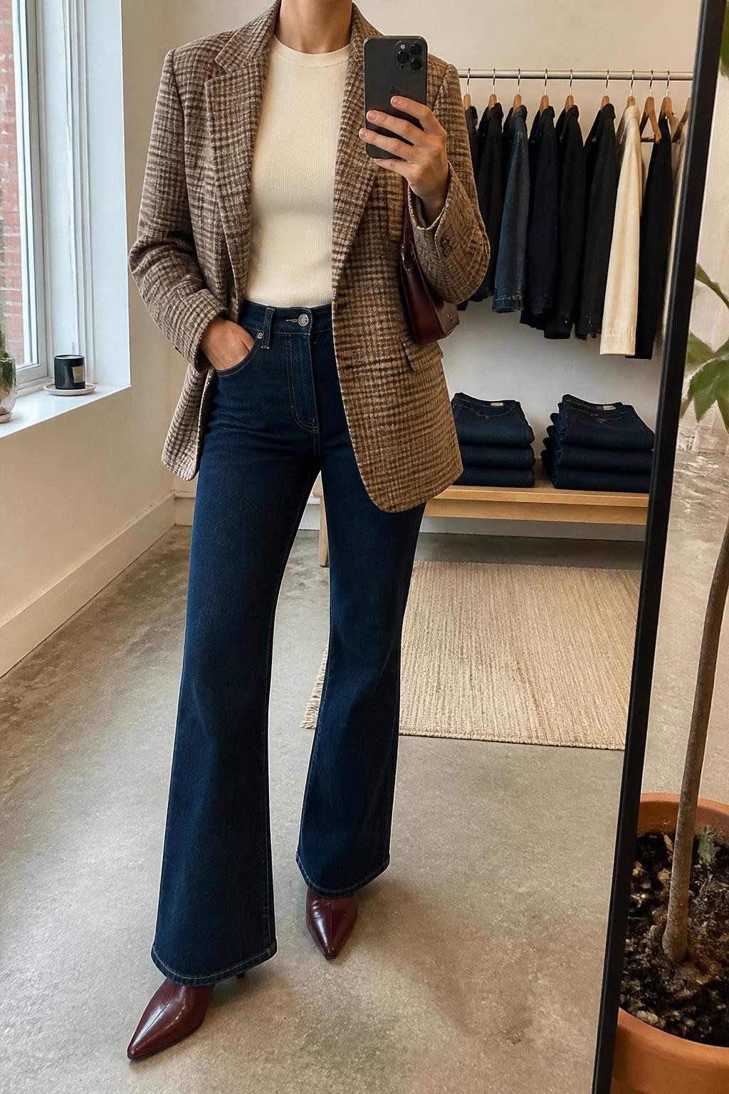 Mirror selfie of a woman wearing a brown-and-beige plaid wool blazer over a fitted ivory crew-neck top, dark indigo high-waisted flared jeans, pointed burgundy leather ankle boots, and a small burgundy shoulder bag, clearly showing the exact clothing items, colors, patterns, fabrics, and accessories listed, holding a latest-model iPhone in front of a mirror, cropped at the neck so the face does not show, relaxed casual selfie pose, in a fashion studio mirror corner with natural window light, a clothing rack with garments behind and folded denim jeans on a bench, natural lived-in setting, latest iPhone photo quality.