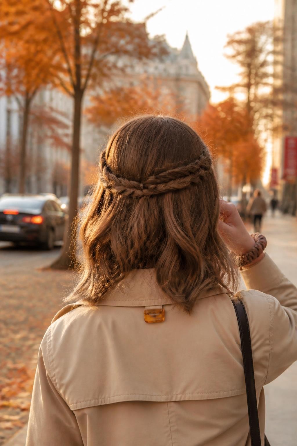 Photo of a woman wearing shoulder-length loose waves with two narrow rope braids crossing around the back of the head like a small crown, back-of-head view against a softly blurred city street with copper-colored trees, golden hour glow, tiny amber hair clip attached to her coat collar and a scrunchie around her wrist, natural wisps moving in the breeze, latest iPhone photo quality.