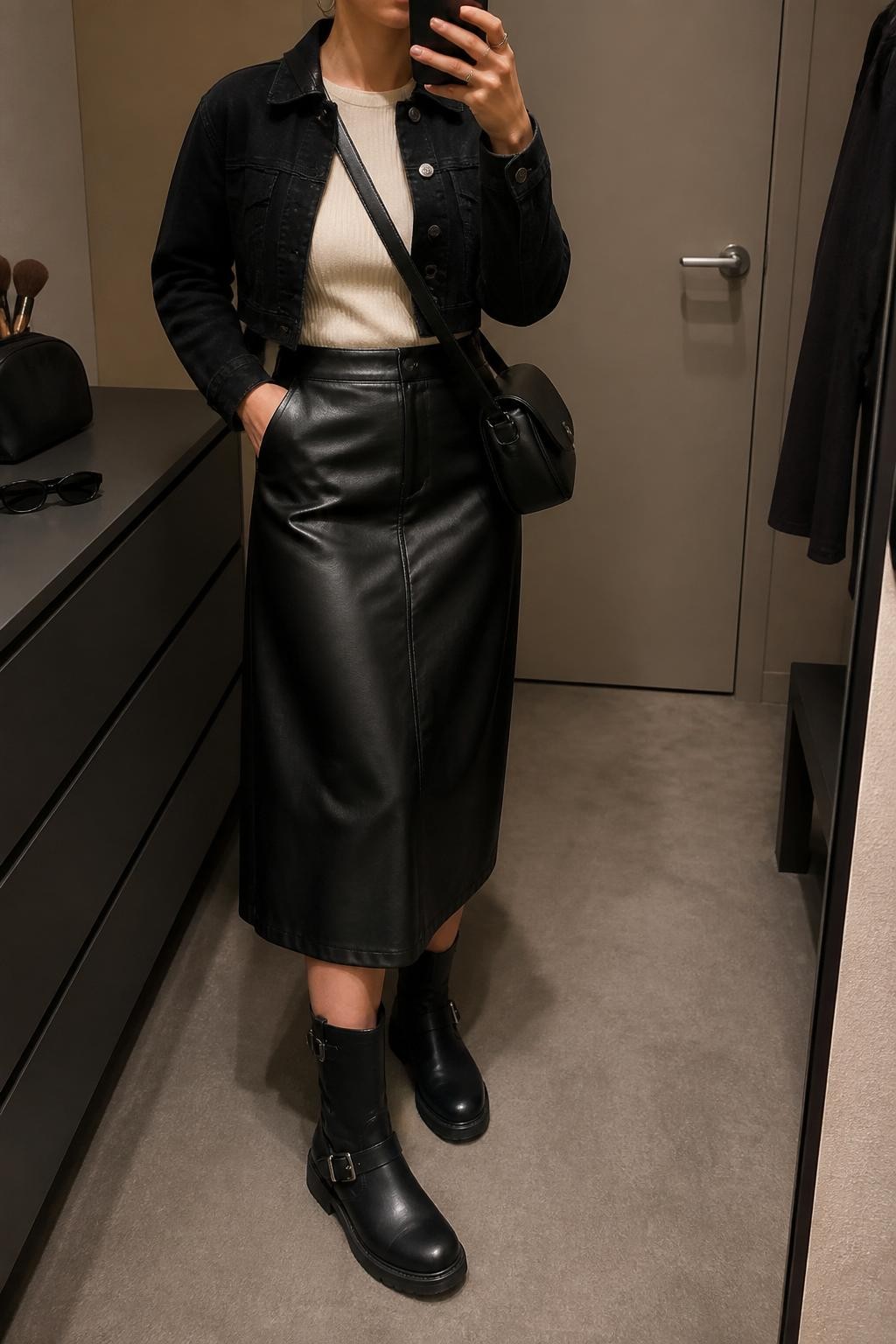 mirror selfie of a woman wearing the exact outfit described above, clearly showing black moto boots with buckle details, a black leather midi skirt, a fitted cream ribbed top, a cropped black denim jacket, a black crossbody bag, and silver hoop earrings, holding a phone in front of a mirror, cropped at NECK so the face does not show, with a relaxed casual selfie pose, in a minimal dressing room, warm moody lighting, with sunglasses placed on a dresser and a makeup brush or cosmetic bag on the counter, latest iPhone photo quality.