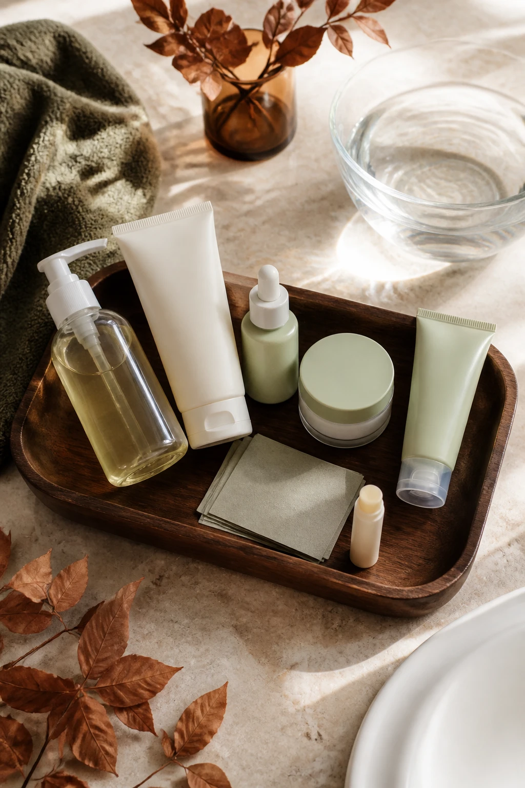 Image Prompt: A realistic overhead DSLR photograph of a complete fall skincare routine for oily skin arranged neatly on a pale travertine bathroom counter, gentle foaming cleanser, lightweight water-based moisturizer, one targeted acne treatment, broad-spectrum gel sunscreen, oil-free makeup remover, blotting papers, and lip balm in plain unbranded packaging, soft olive hand towel, small copper-colored leaves, clean glass bowl of water, and dark walnut tray, warm morning window light, cream, olive, caramel, rust, and muted burgundy color palette, realistic gel, lotion, glass, stone, and paper textures, premium editorial beauty flat lay, 50mm lens, no readable product labels, no text overlay.