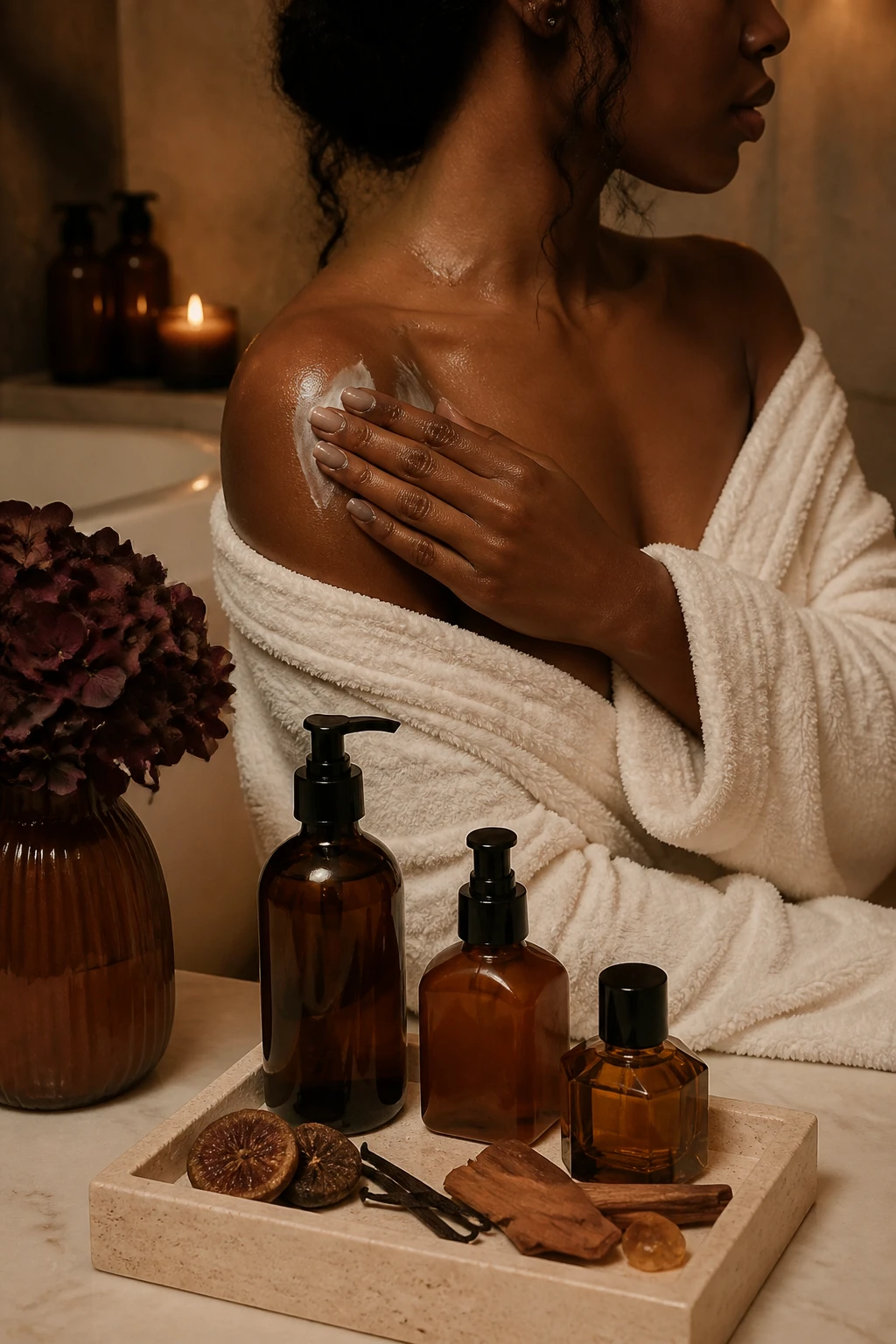 Image Prompt: A luxurious photorealistic image of a Black woman with rich dark skin applying body cream to her shoulder and collarbone after a shower, photographed in soft profile with her face partly out of frame, natural skin texture and subtle glow, cream robe loosely wrapped, matching body wash, lotion and small perfume bottle arranged on a travertine tray, fragrance notes suggested visually through sandalwood pieces, vanilla pods, dried fig and amber-toned glass, warm bathroom lighting, deep brown, honey, cream, and muted plum color palette, refined fall beauty campaign, 85mm lens, soft shadows, no exaggerated shine, no product labels, no text.