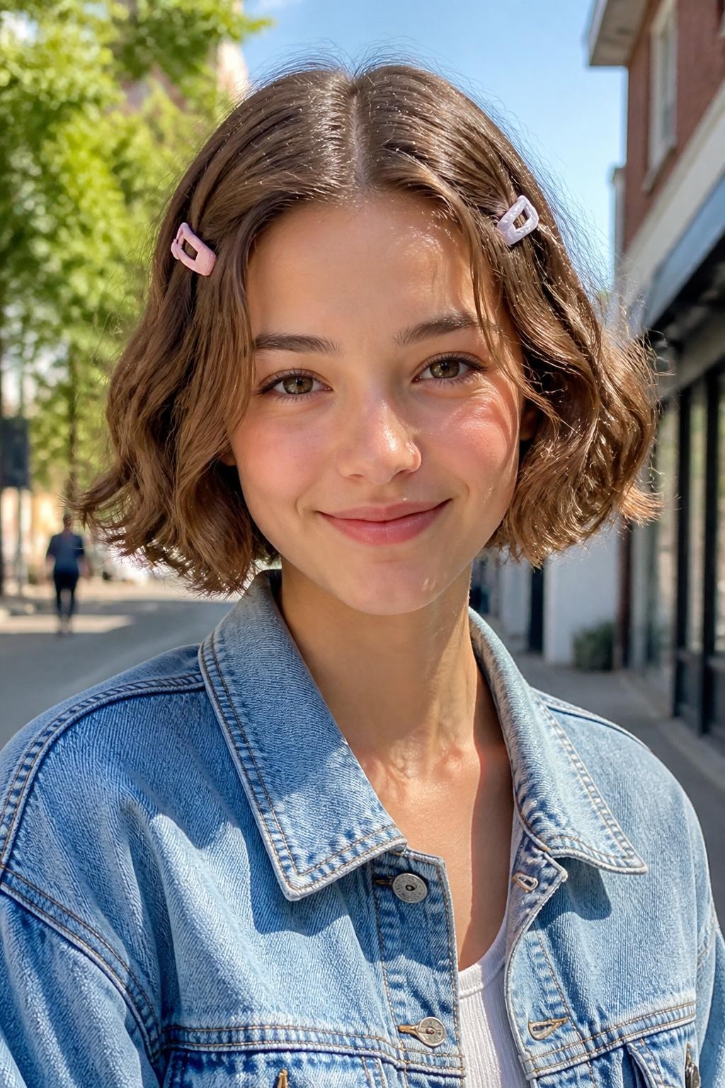 A realistic youthful hairstyle photo of a woman with short soft wavy light brown bob hair styled with two tiny pastel claw clips, one on each side near the temples, center part, subtle bends in the hair, front-facing portrait, light denim jacket, sunny outdoor street background, playful trendy hairstyle inspiration, bright natural light, high-resolution photo, no text, (no watermarks on images)