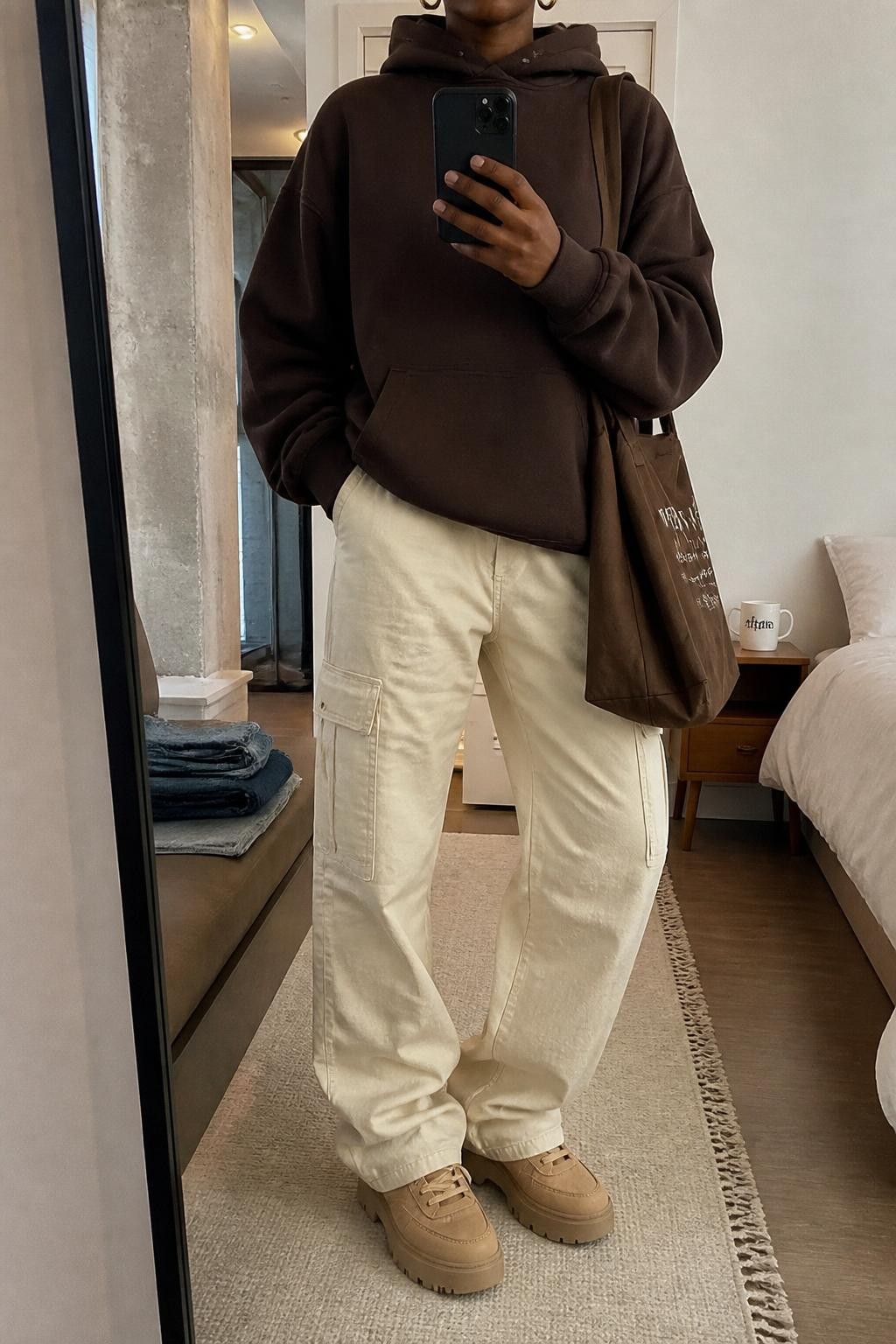 mirror selfie of a Black woman wearing a chocolate brown oversized hoodie, cream relaxed cargo pants, tan platform sneakers, small gold hoops, and a brown canvas tote bag, clearly showing the same clothing items, colors, fabrics, and accessories listed in the Outfit Pieces section, holding a phone in front of a mirror, cropped at NECK so the face does not show, with a relaxed casual selfie pose, in a stylish city apartment, soft indoor lighting, including a coffee mug on a bedside table and folded denim jeans on a bench, latest iPhone photo quality.